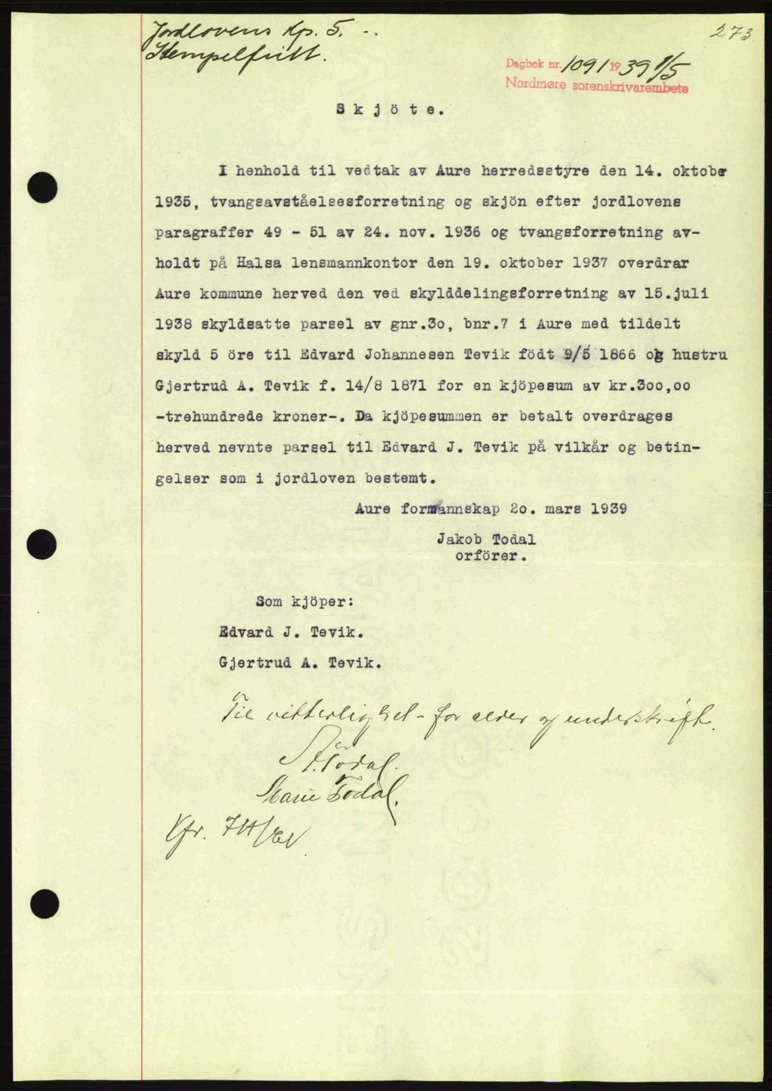 Nordmøre sorenskriveri, SAT/A-4132/1/2/2Ca: Pantebok nr. A86, 1939-1939, Dagboknr: 1091/1939