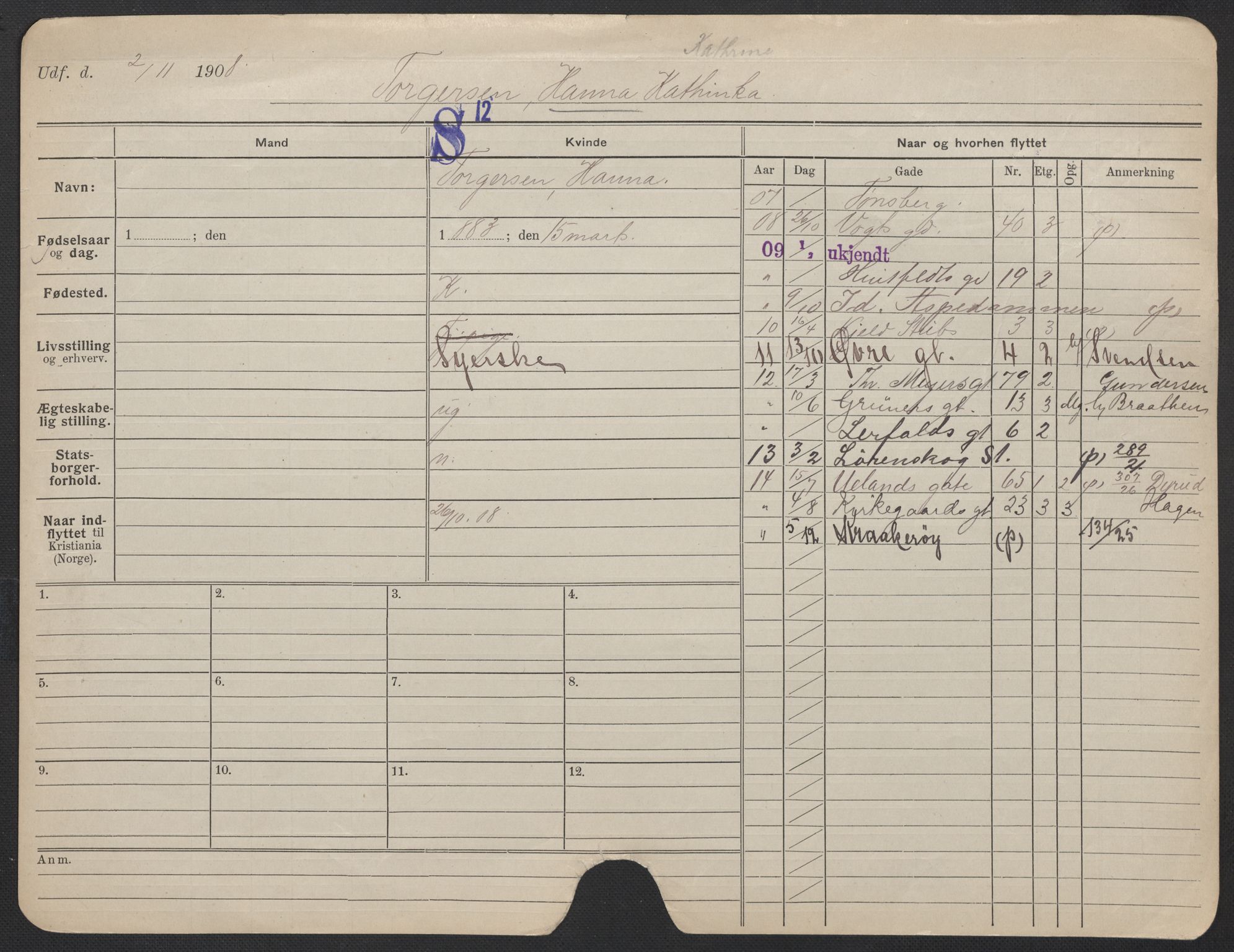 Oslo folkeregister, Registerkort, AV/SAO-A-11715/F/Fa/Fac/L0025: Kvinner, 1906-1914, s. 76a