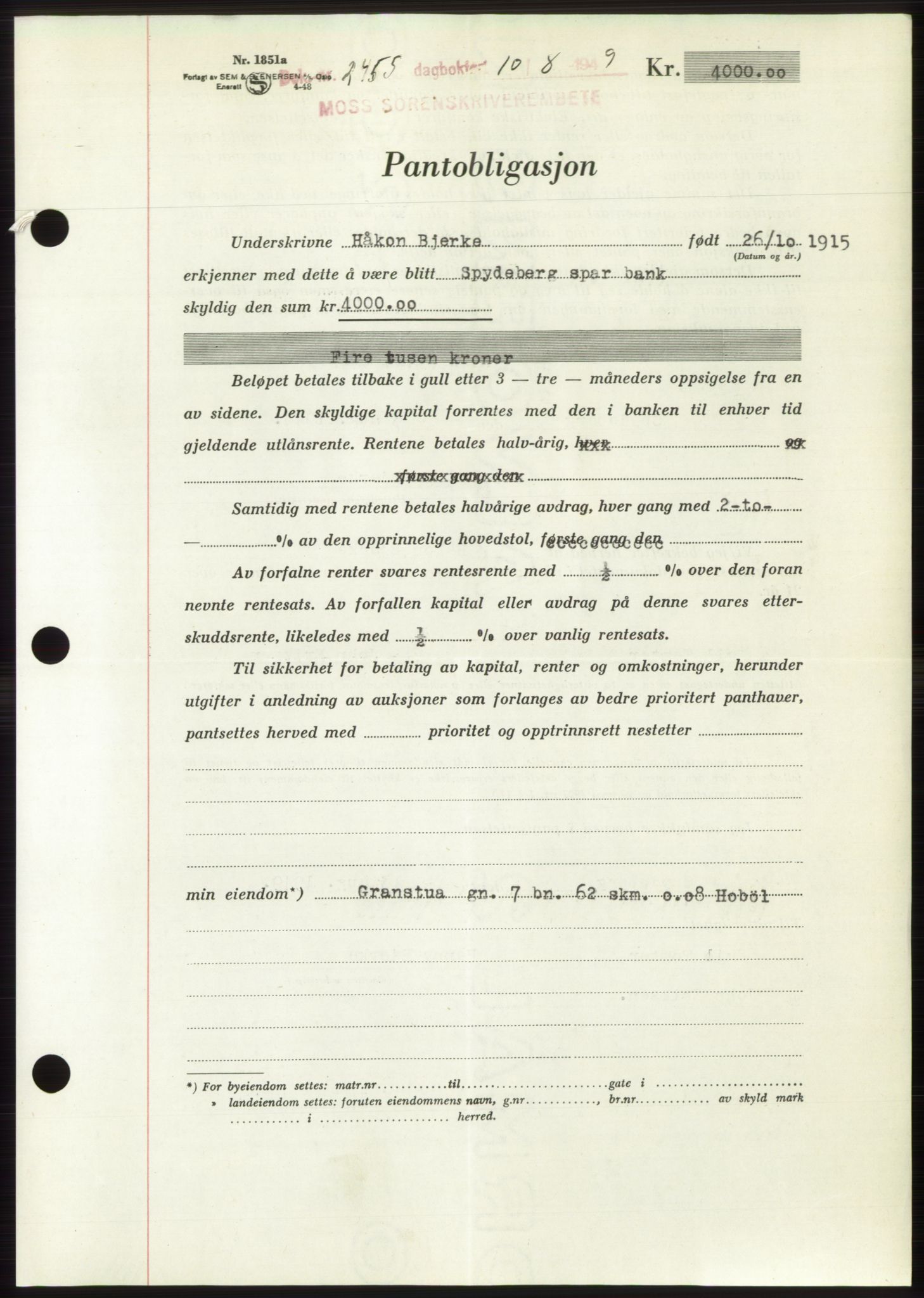 Moss sorenskriveri, SAO/A-10168: Pantebok nr. B22, 1949-1949, Dagboknr: 2455/1949