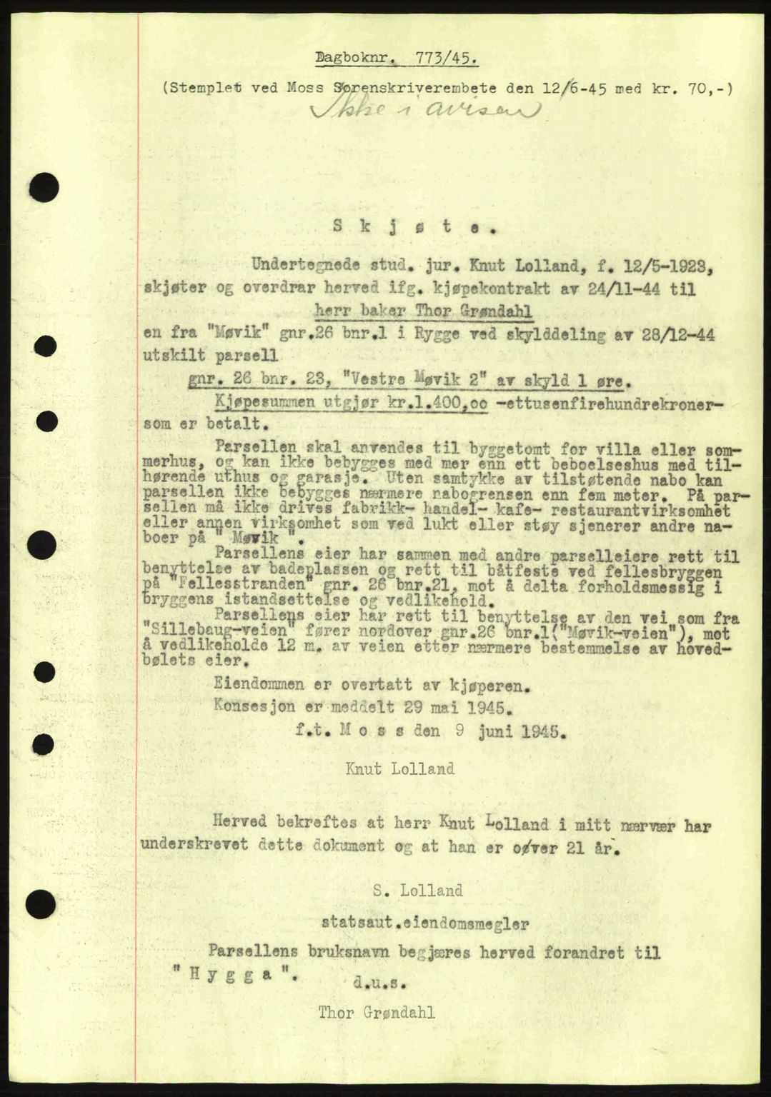 Moss sorenskriveri, SAO/A-10168: Pantebok nr. A13, 1944-1945, Dagboknr: 773/1945