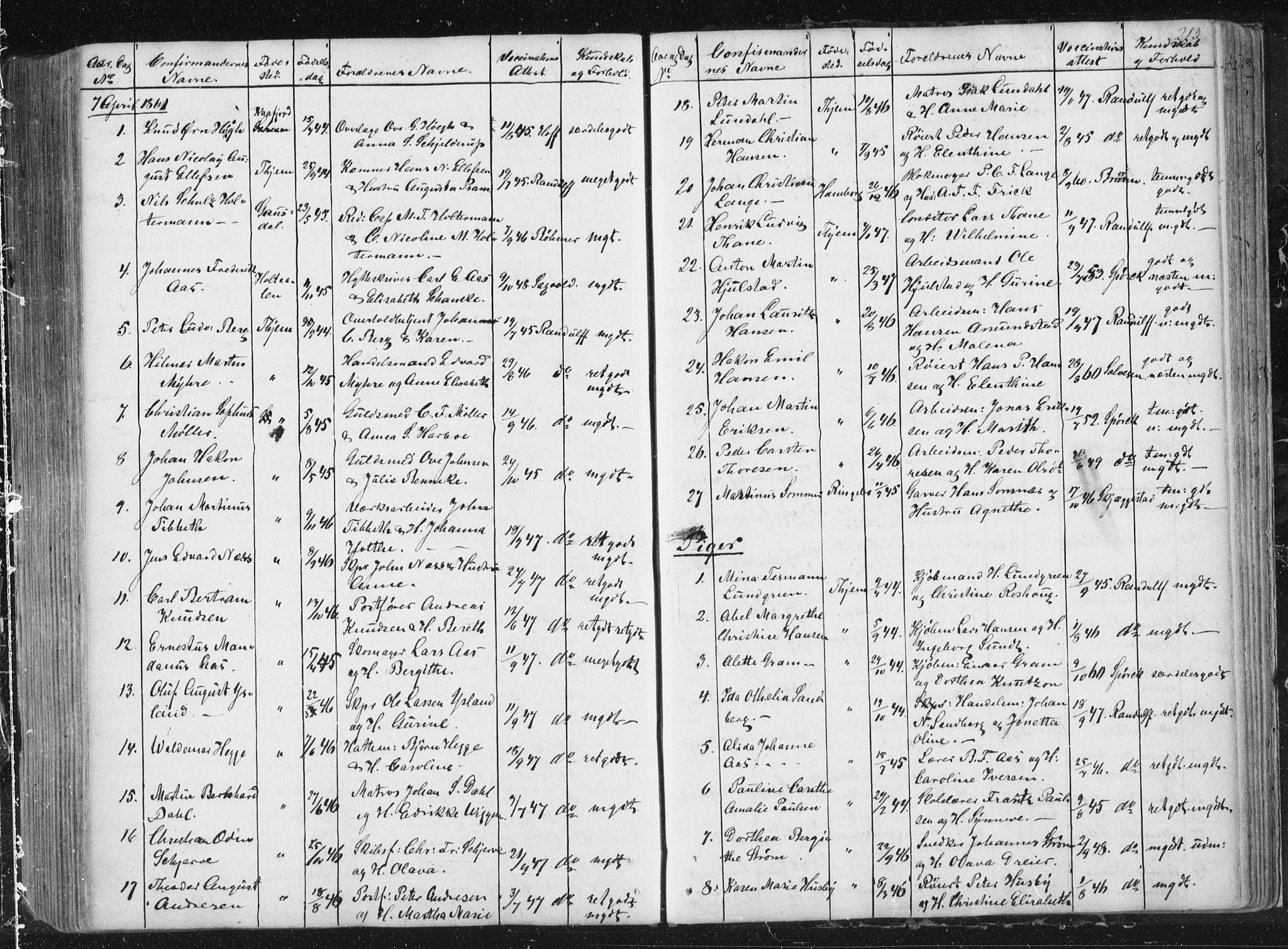 Ministerialprotokoller, klokkerbøker og fødselsregistre - Sør-Trøndelag, SAT/A-1456/602/L0127: Residerende kapellans bok nr. 602B01, 1821-1875, s. 213