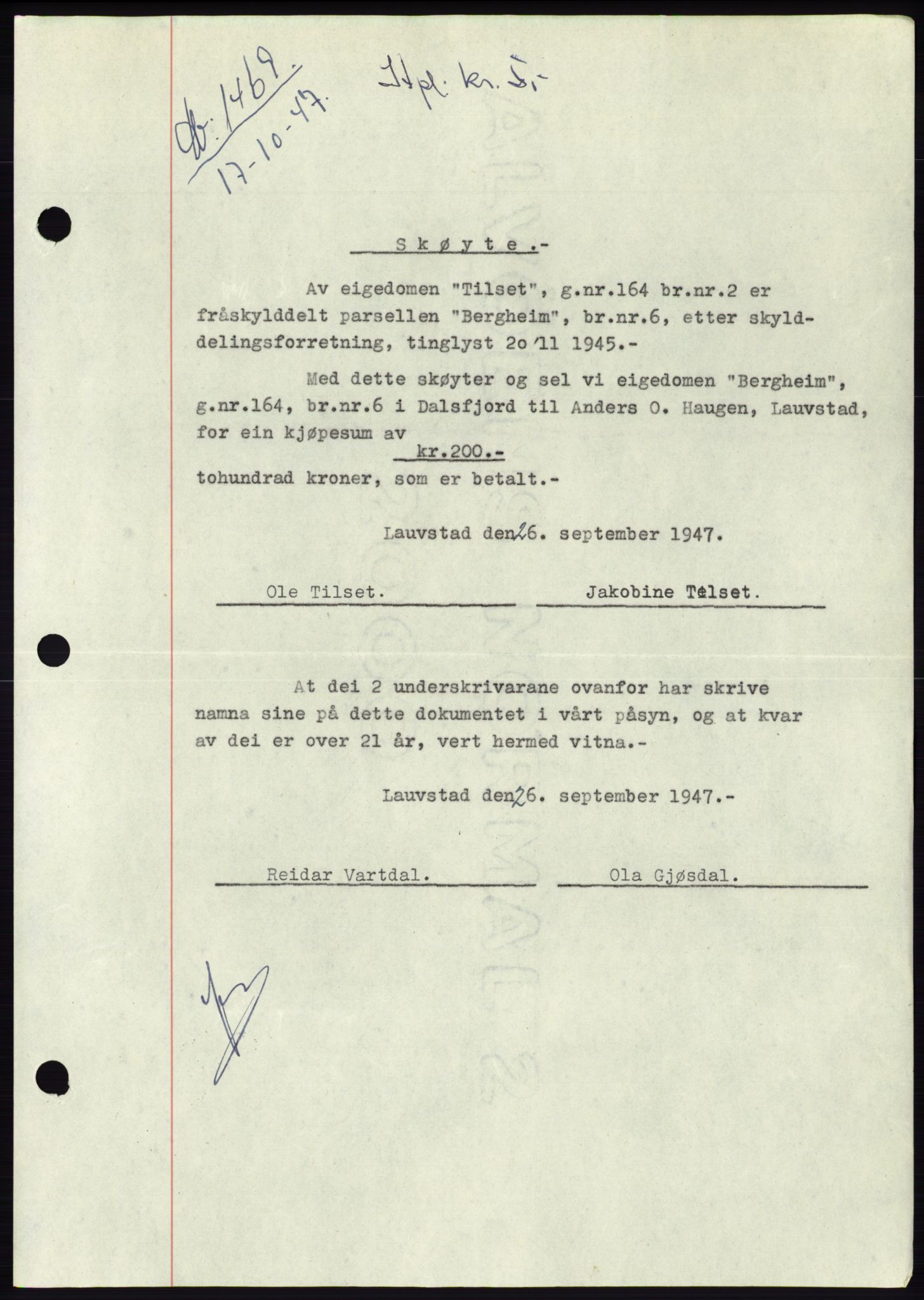 Søre Sunnmøre sorenskriveri, SAT/A-4122/1/2/2C/L0081: Pantebok nr. 7A, 1947-1948, Dagboknr: 1469/1947