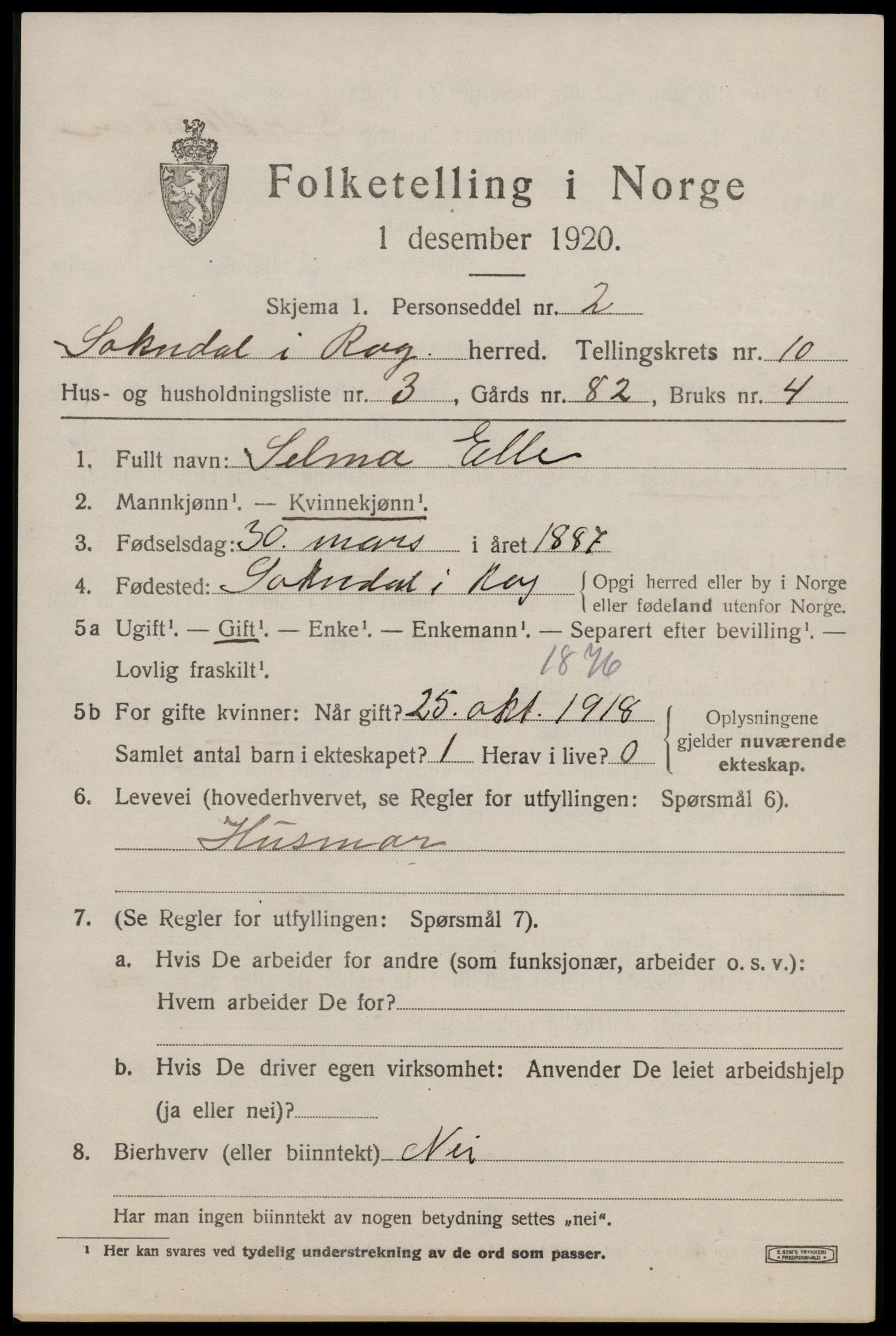 SAST, Folketelling 1920 for 1111 Sokndal herred, 1920, s. 5731