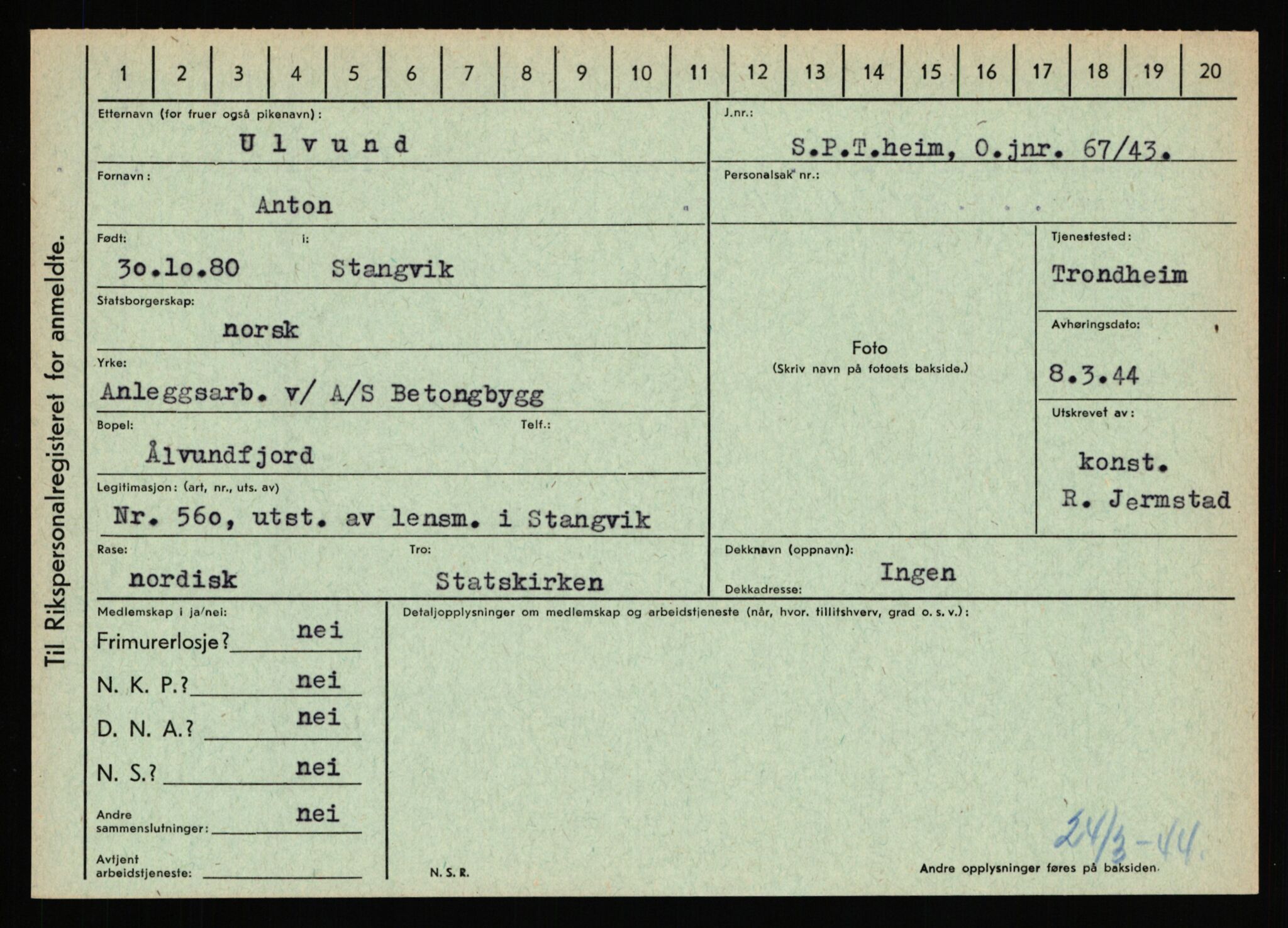 Statspolitiet - Hovedkontoret / Osloavdelingen, AV/RA-S-1329/C/Ca/L0016: Uberg - Øystese, 1943-1945, s. 222