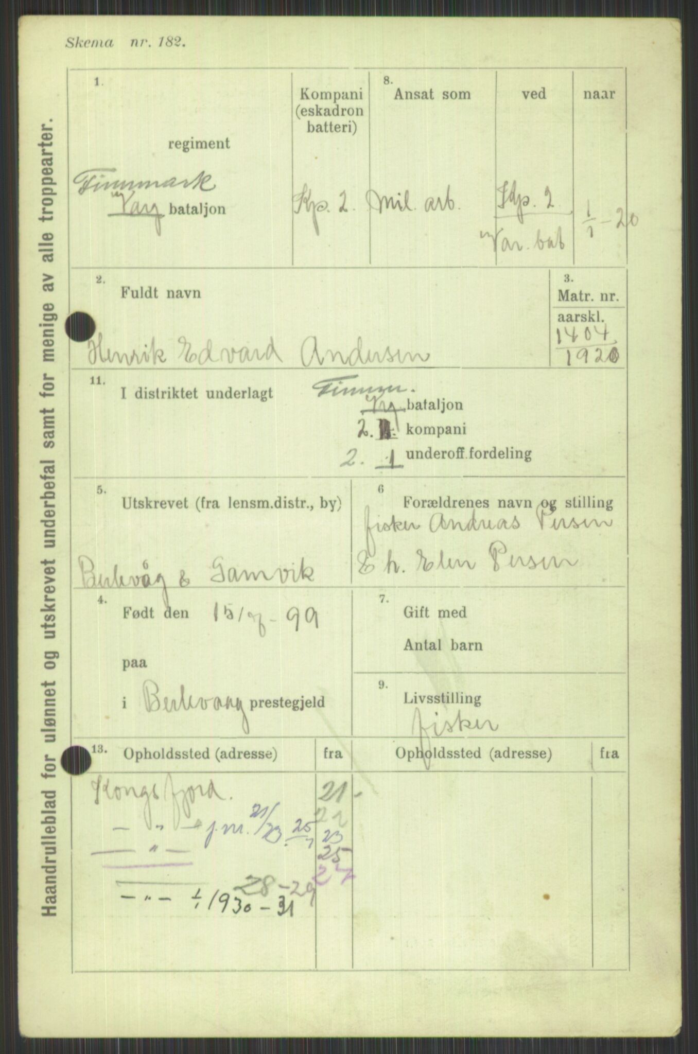 Forsvaret, Varanger bataljon, AV/RA-RAFA-2258/1/D/L0440: Rulleblad for fødte 1892-1912, 1892-1912, s. 351