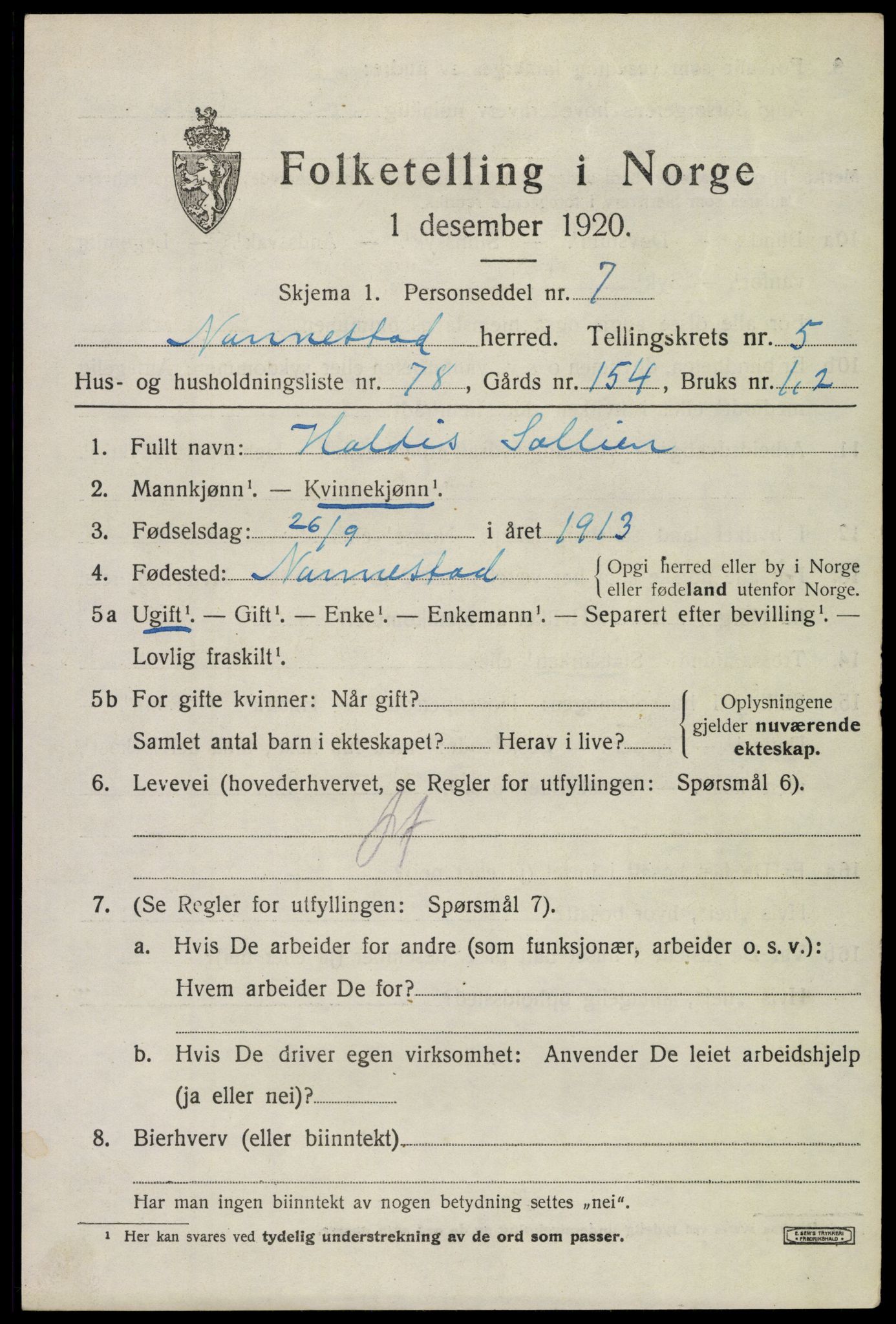 SAO, Folketelling 1920 for 0238 Nannestad herred, 1920, s. 7492