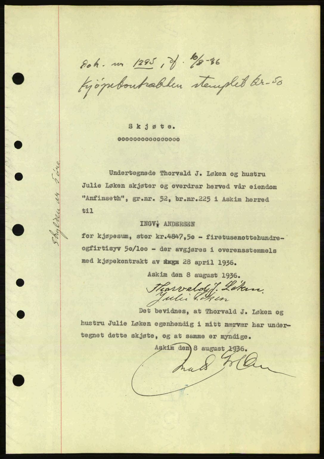 Rakkestad sorenskriveri, SAO/A-10686/G/Gb/Gba/Gbab/L0001: Pantebok nr. A1, 1936-1937, Dagboknr: 1295/1936