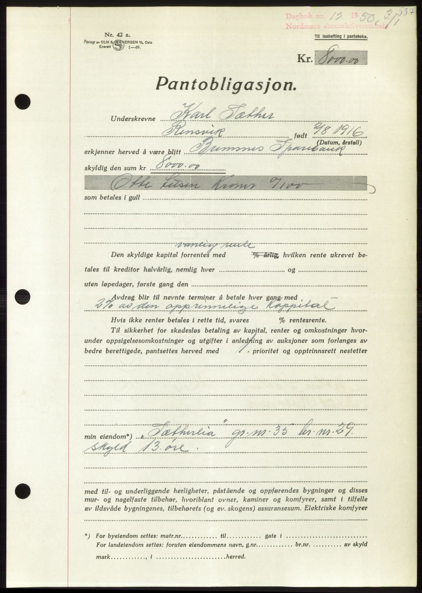 Nordmøre sorenskriveri, SAT/A-4132/1/2/2Ca: Pantebok nr. B103, 1949-1950, Dagboknr: 12/1950