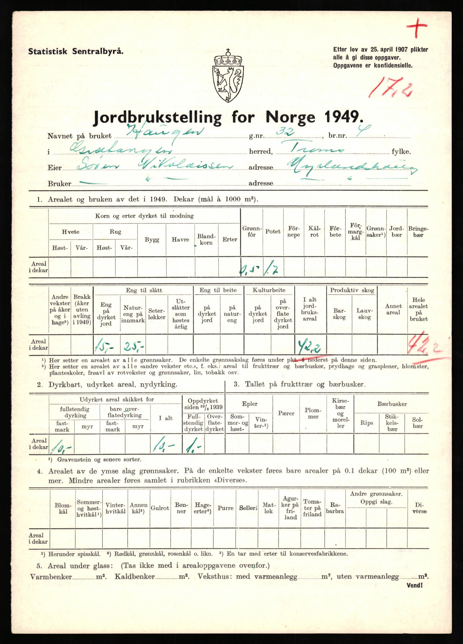 Statistisk sentralbyrå, Næringsøkonomiske emner, Jordbruk, skogbruk, jakt, fiske og fangst, AV/RA-S-2234/G/Gc/L0437: Troms: Gratangen og Lavangen, 1949, s. 1131