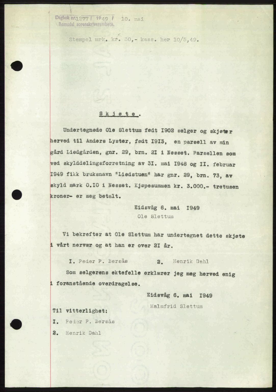 Romsdal sorenskriveri, SAT/A-4149/1/2/2C: Pantebok nr. A29, 1949-1949, Dagboknr: 1277/1949