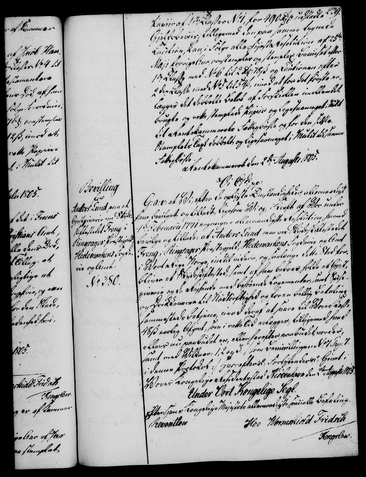 Rentekammeret, Kammerkanselliet, AV/RA-EA-3111/G/Gg/Gga/L0018: Norsk ekspedisjonsprotokoll med register (merket RK 53.18), 1804-1806, s. 239