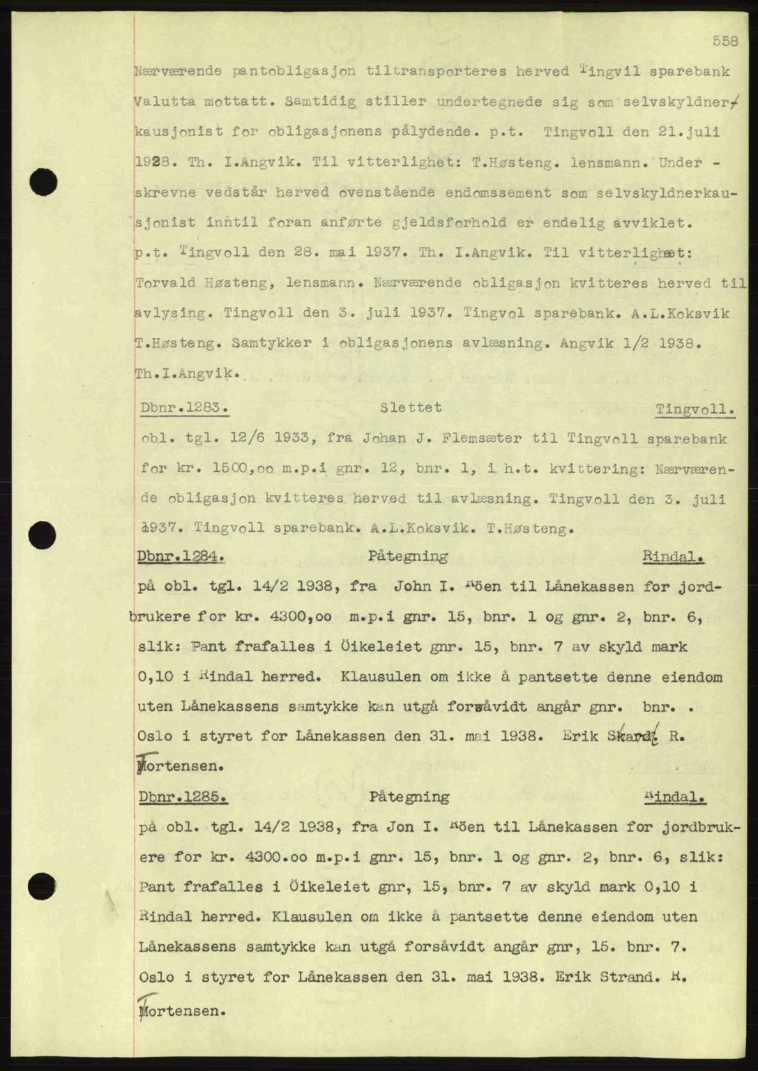 Nordmøre sorenskriveri, SAT/A-4132/1/2/2Ca: Pantebok nr. C80, 1936-1939, Dagboknr: 1283/1938
