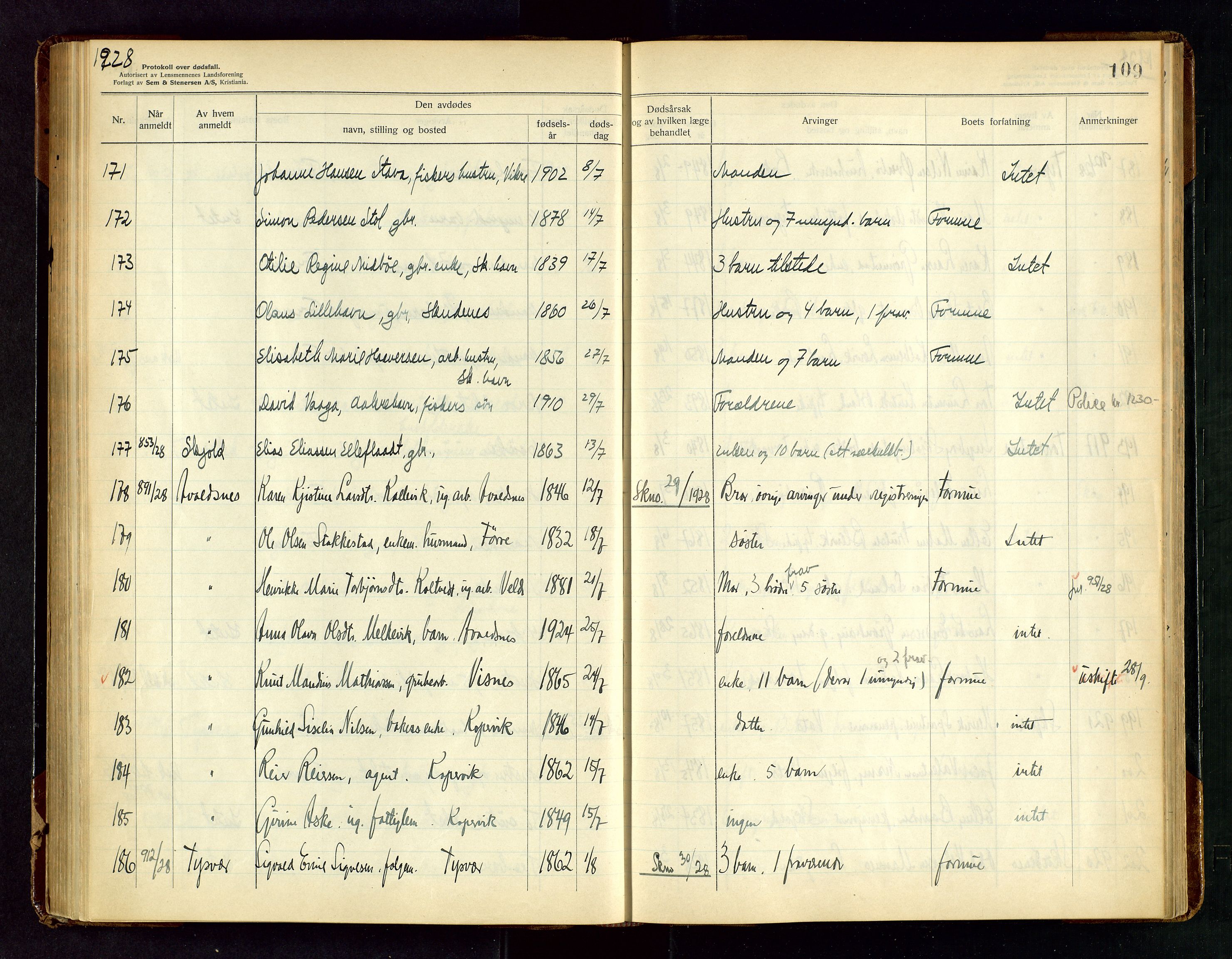 Karmsund sorenskriveri, AV/SAST-A-100311/01/IV/IVAB/L0005: DØDSFALLSPROTOKOLL, 1923-1933, s. 109