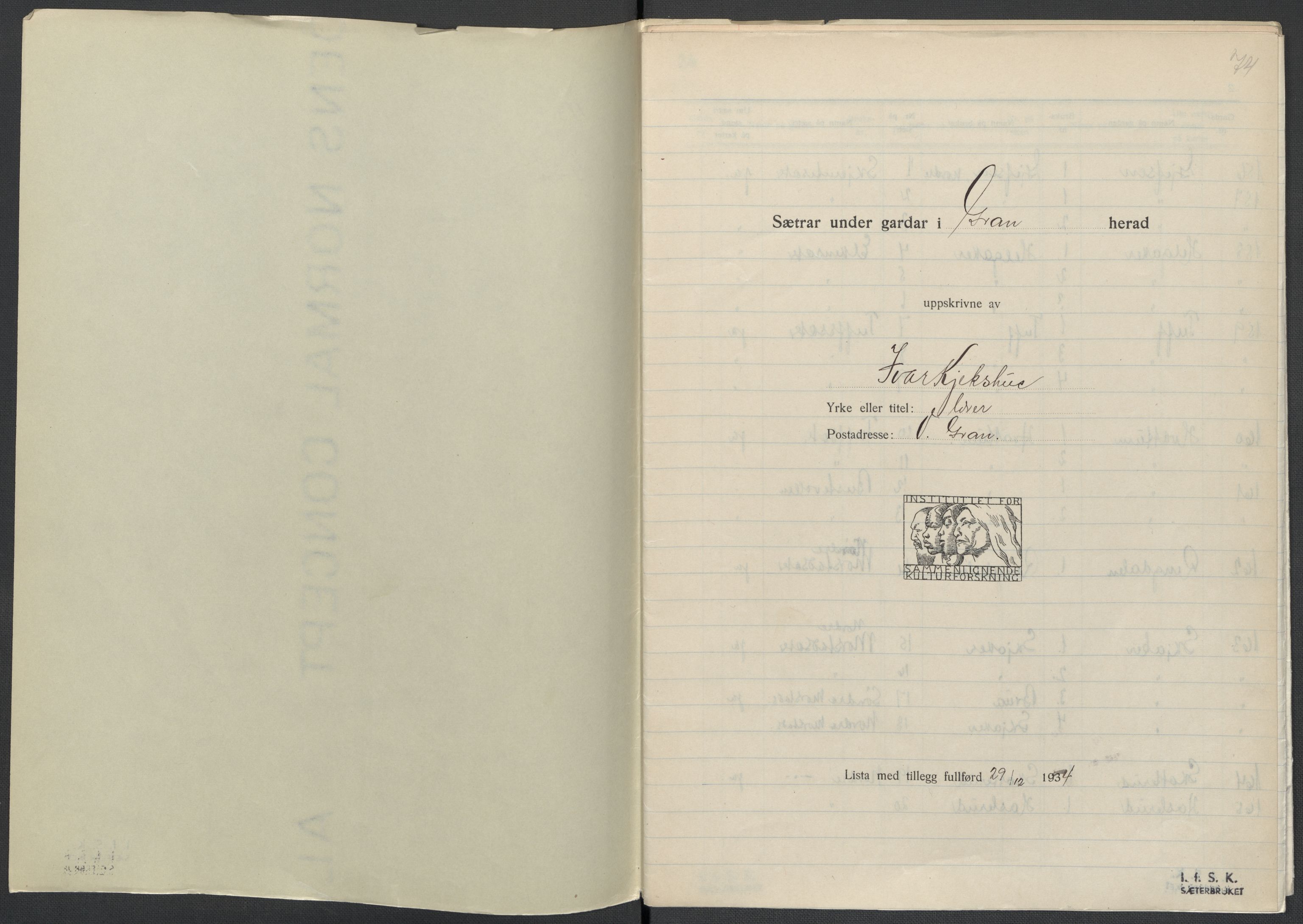 Instituttet for sammenlignende kulturforskning, AV/RA-PA-0424/F/Fc/L0004/0003: Eske B4: / Oppland (perm IX), 1933-1935, s. 74