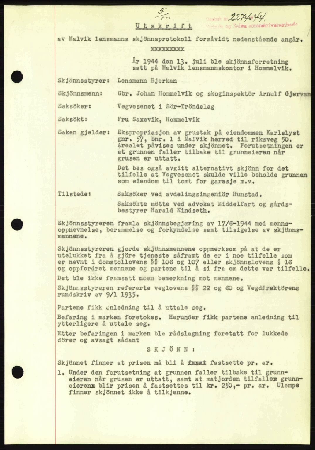 Strinda og Selbu sorenskriveri, SAT/A-0015/2/2C: Pantebok nr. A9, 1944-1945, Dagboknr: 2274/1944