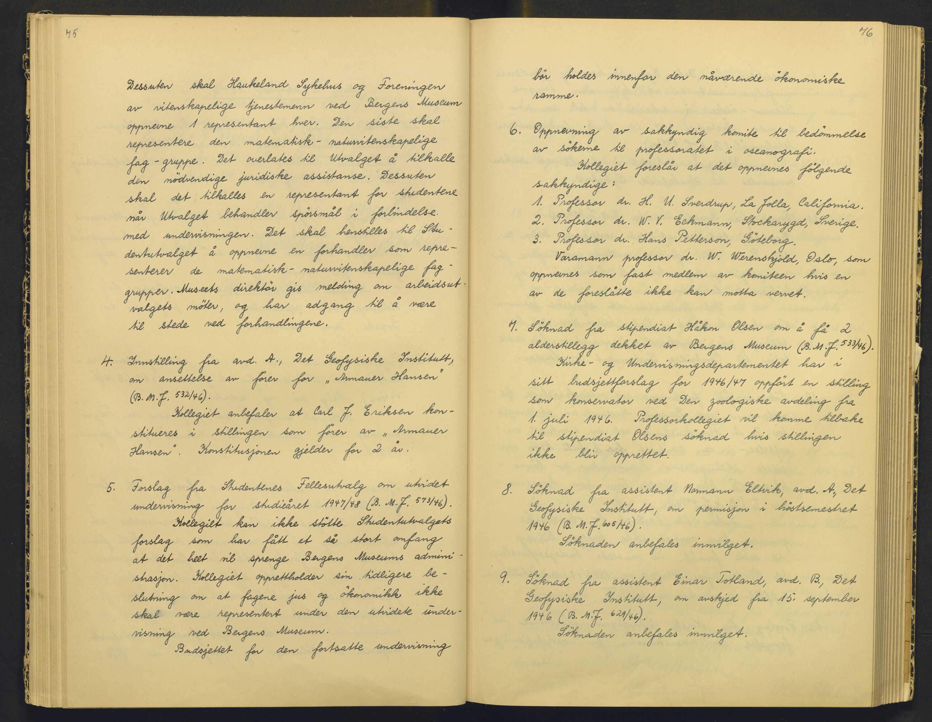 Bergens Museum, AV/SAB-A-17301/18/A/L0004: Professorkollegiets møtebok med register , 1945-1949, s. 75-76