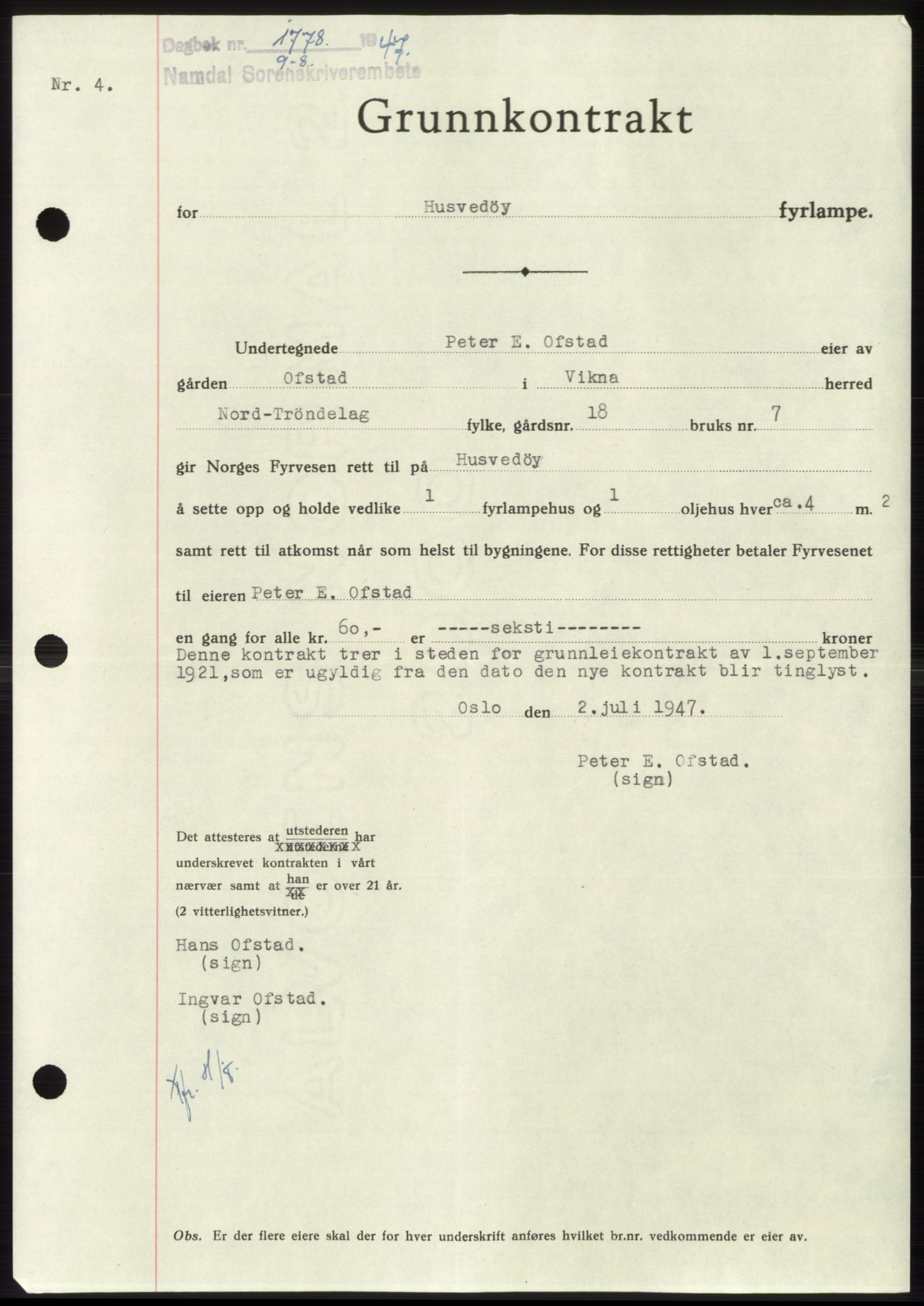Namdal sorenskriveri, SAT/A-4133/1/2/2C: Pantebok nr. -, 1947-1947, Dagboknr: 1778/1947