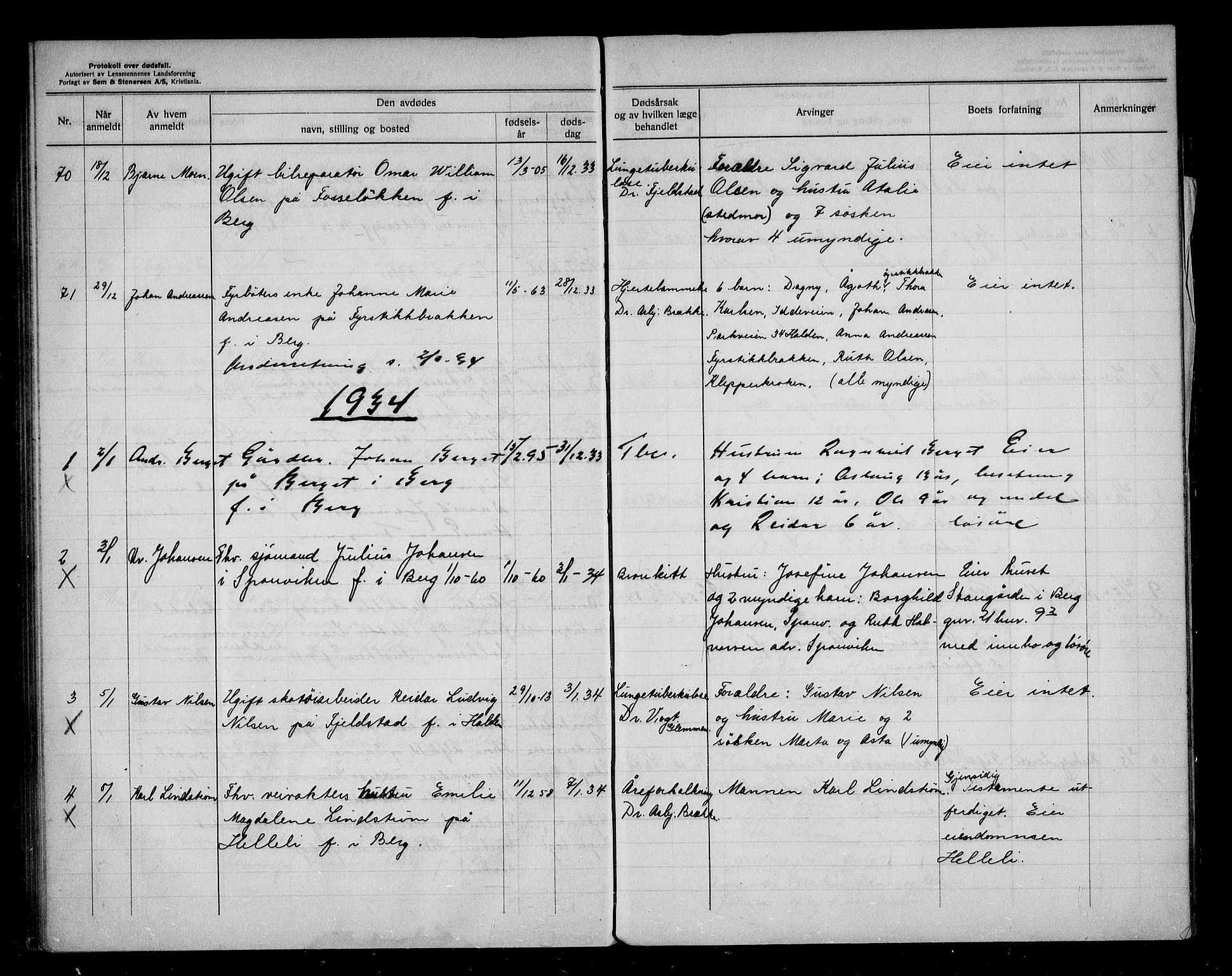 Berg lensmannskontor, AV/SAO-A-10263/H/Ha/Haa/L0003: Dødsfallsprotokoll, 1923-1934