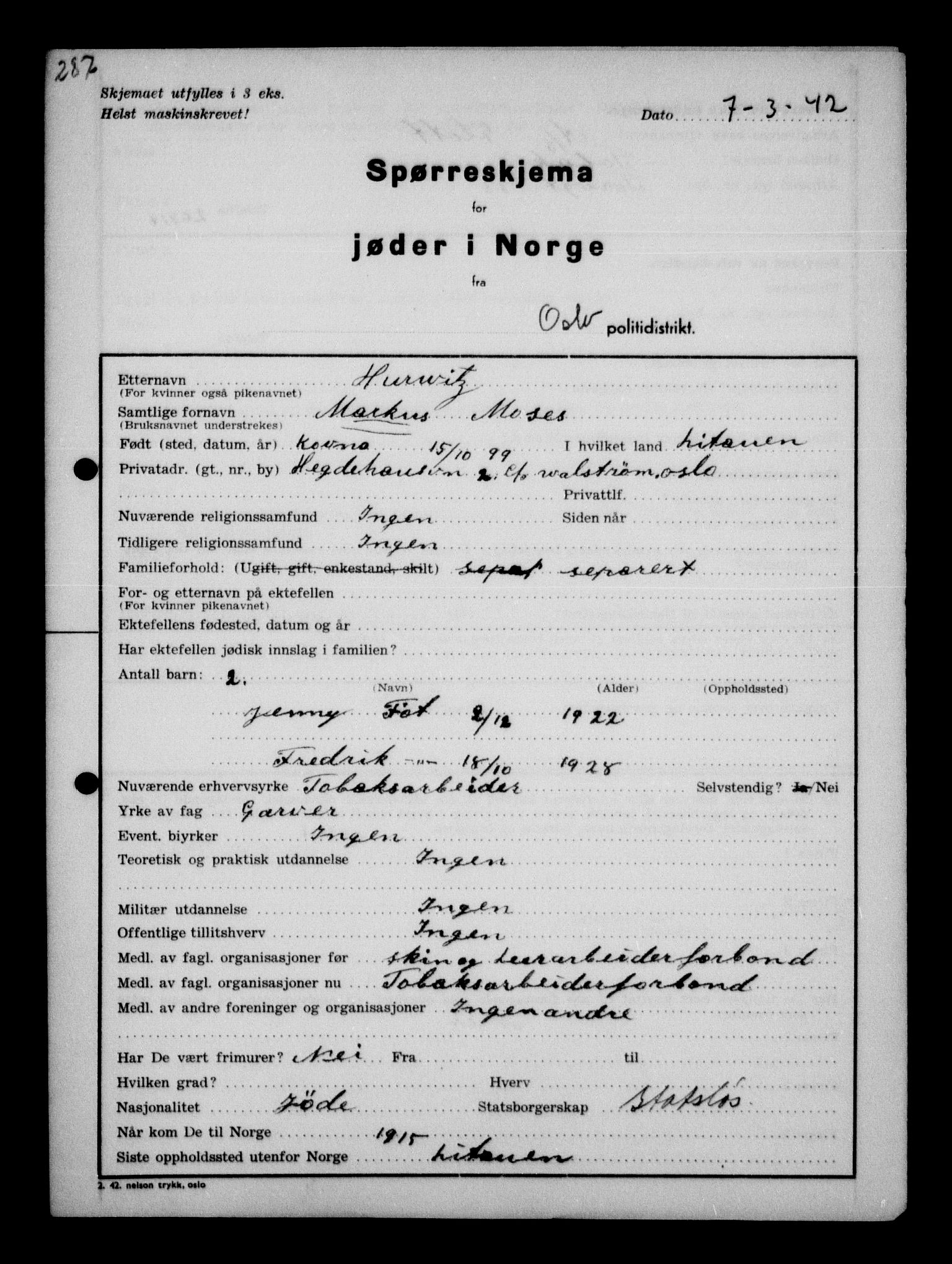 Statspolitiet - Hovedkontoret / Osloavdelingen, AV/RA-S-1329/G/Ga/L0010: Spørreskjema for jøder i Norge, Oslo Hansen-Pintzow, 1942, s. 75