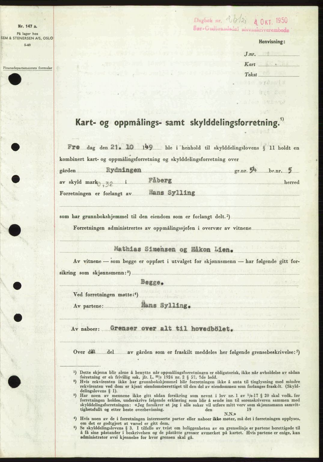 Sør-Gudbrandsdal tingrett, SAH/TING-004/H/Hb/Hbd/L0029: Pantebok nr. A29, 1950-1950, Dagboknr: 2612/1950