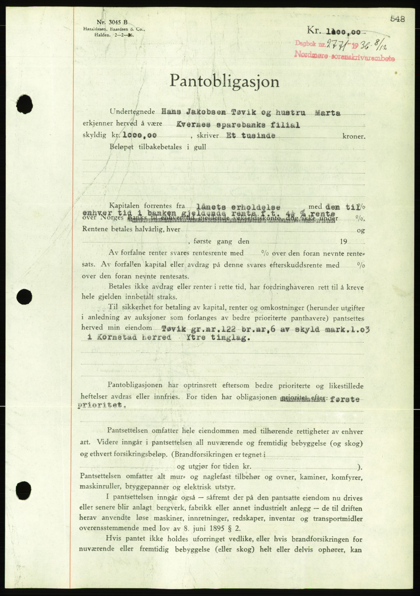 Nordmøre sorenskriveri, AV/SAT-A-4132/1/2/2Ca/L0090: Pantebok nr. B80, 1936-1937, Dagboknr: 2771/1936