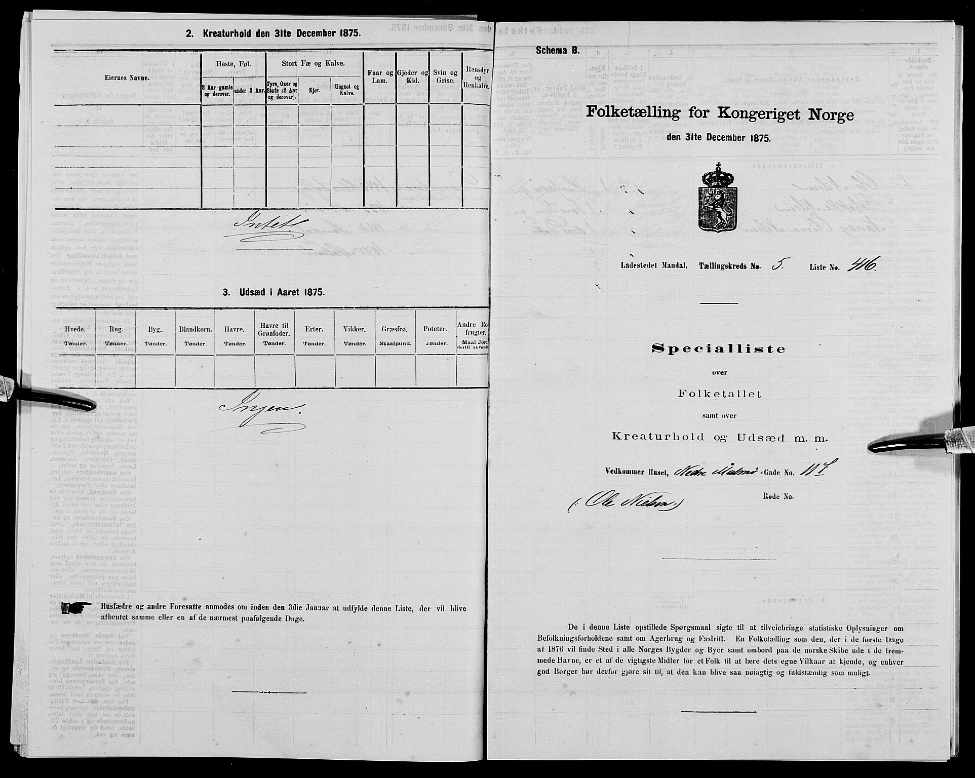 SAK, Folketelling 1875 for 1002B Mandal prestegjeld, Mandal ladested, 1875, s. 873