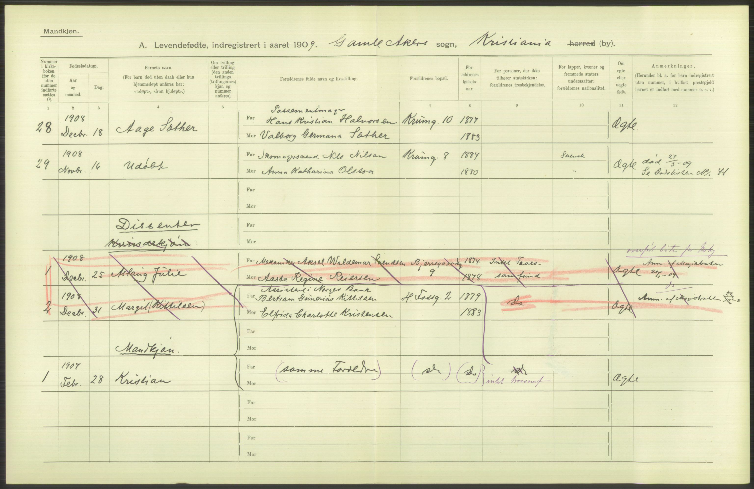 Statistisk sentralbyrå, Sosiodemografiske emner, Befolkning, RA/S-2228/D/Df/Dfa/Dfag/L0007: Kristiania: Levendefødte menn og kvinner., 1909, s. 390