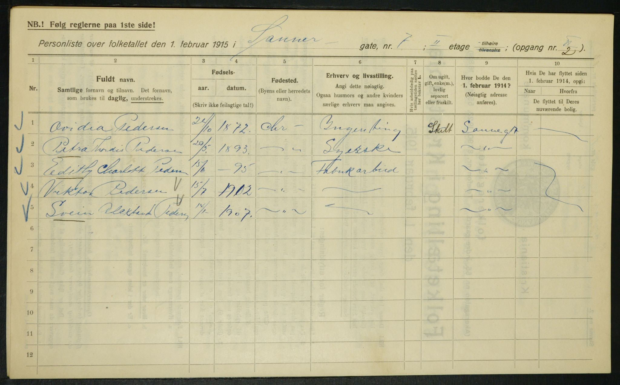 OBA, Kommunal folketelling 1.2.1915 for Kristiania, 1915, s. 88107