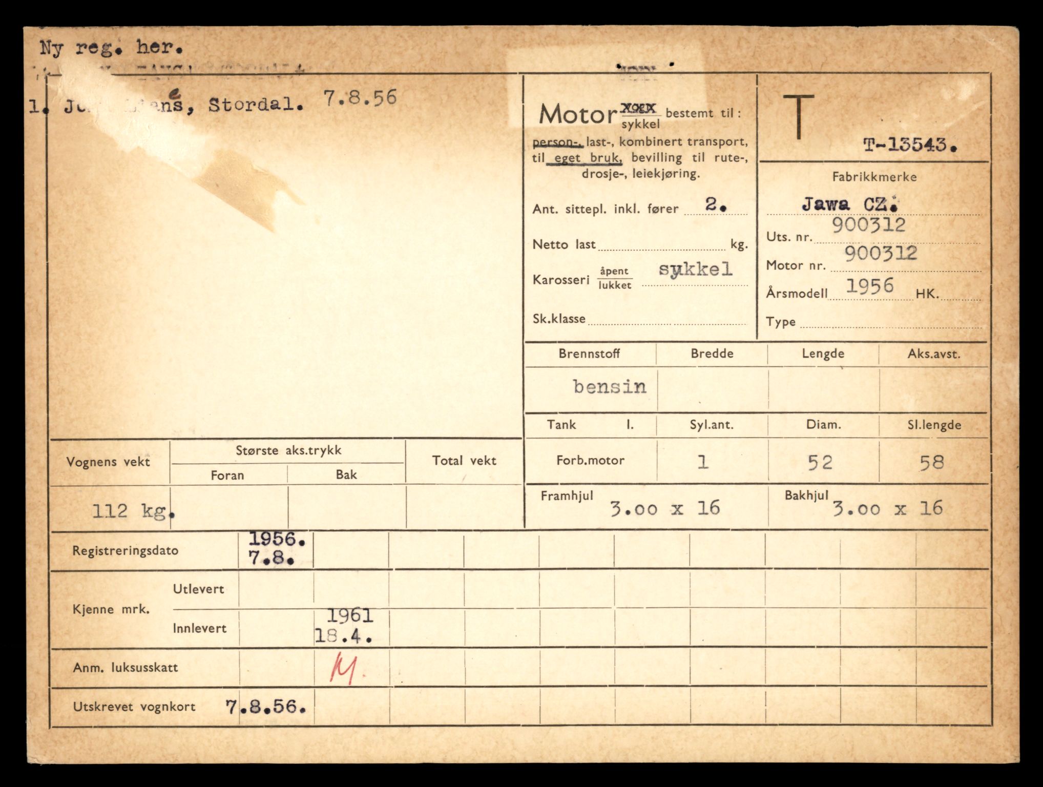 Møre og Romsdal vegkontor - Ålesund trafikkstasjon, AV/SAT-A-4099/F/Fe/L0040: Registreringskort for kjøretøy T 13531 - T 13709, 1927-1998, s. 96