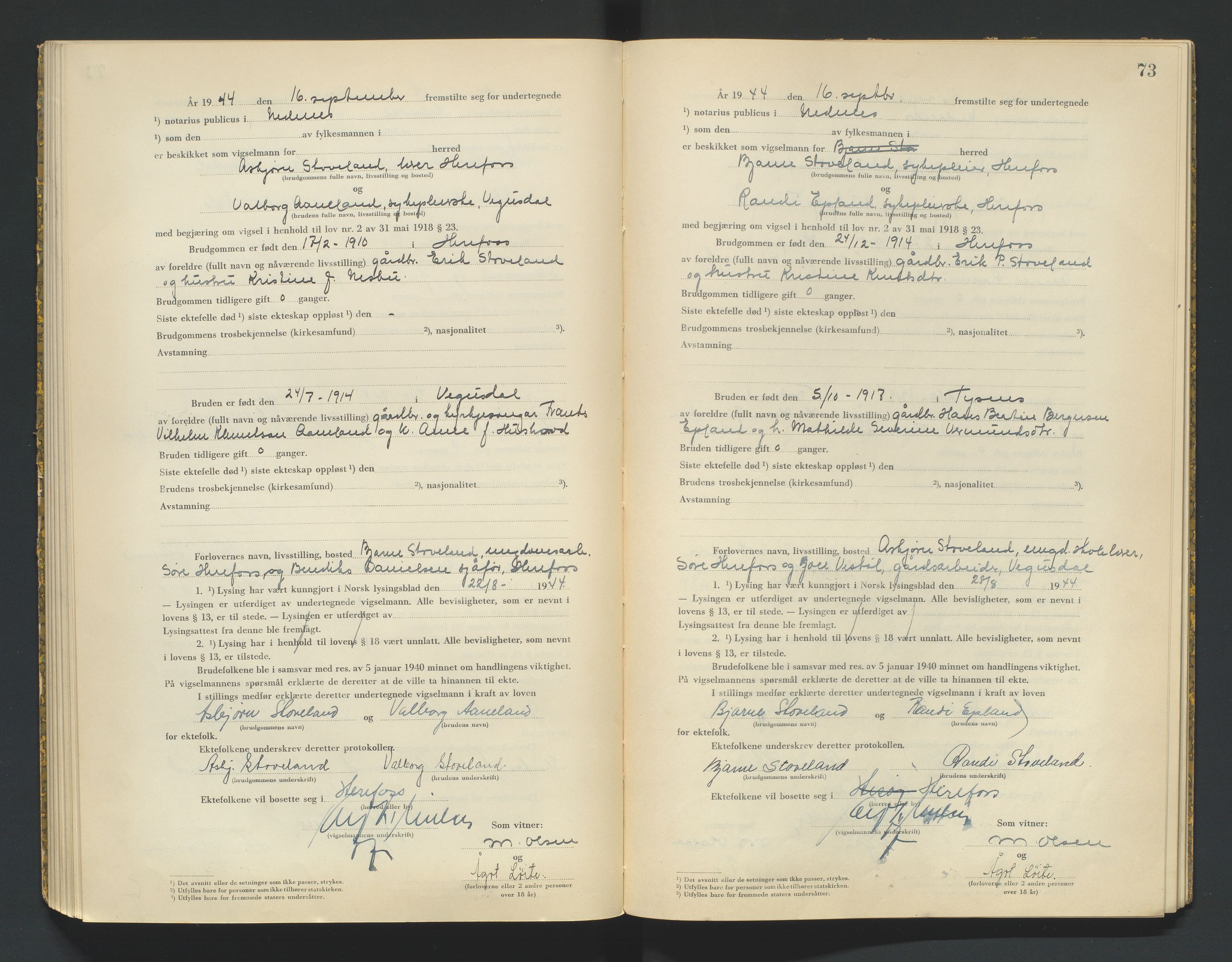 Nedenes sorenskriveri, SAK/1221-0006/L/Ld/L0002/0003: Vigselsbøker / Vigselbok, 1943-1944, s. 73