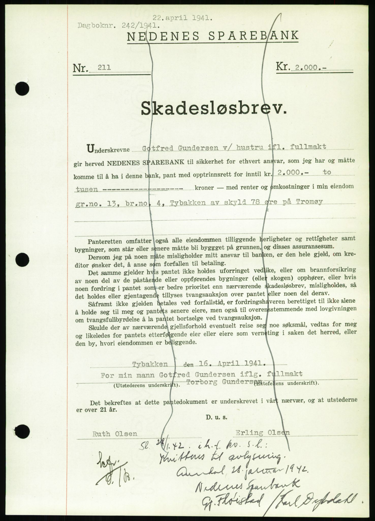 Nedenes sorenskriveri, SAK/1221-0006/G/Gb/Gbb/L0001: Pantebok nr. I, 1939-1942, Dagboknr: 242/1941
