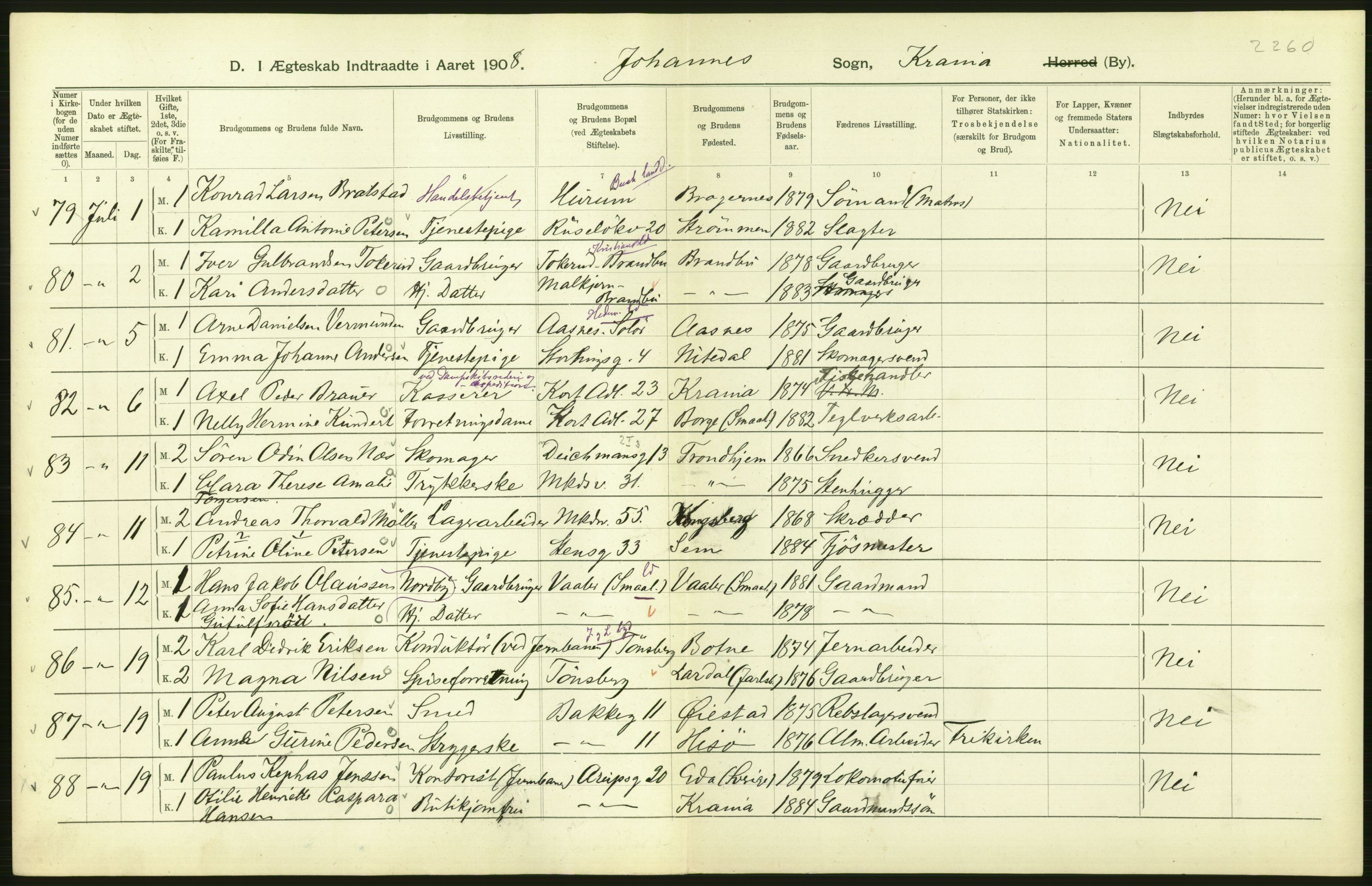 Statistisk sentralbyrå, Sosiodemografiske emner, Befolkning, AV/RA-S-2228/D/Df/Dfa/Dfaf/L0007: Kristiania: Gifte, 1908, s. 352