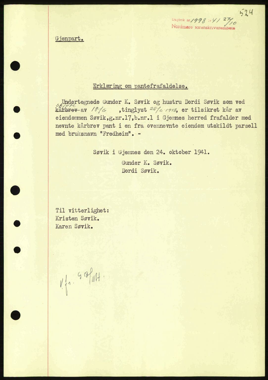 Nordmøre sorenskriveri, SAT/A-4132/1/2/2Ca: Pantebok nr. B88, 1941-1942, Dagboknr: 1998/1941