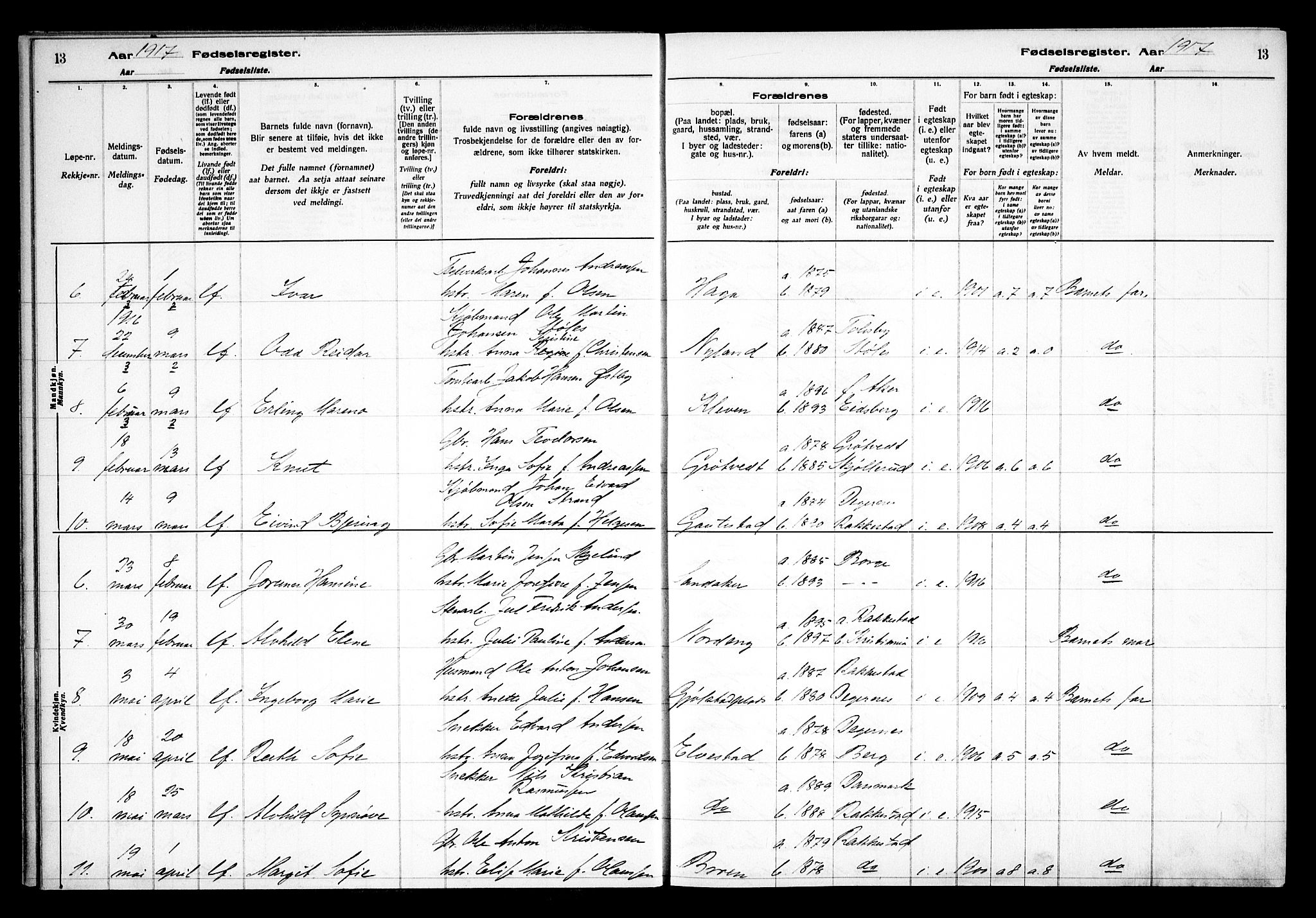 Rakkestad prestekontor Kirkebøker, AV/SAO-A-2008/J/Ja/L0001: Fødselsregister nr. I 1, 1916-1936, s. 13