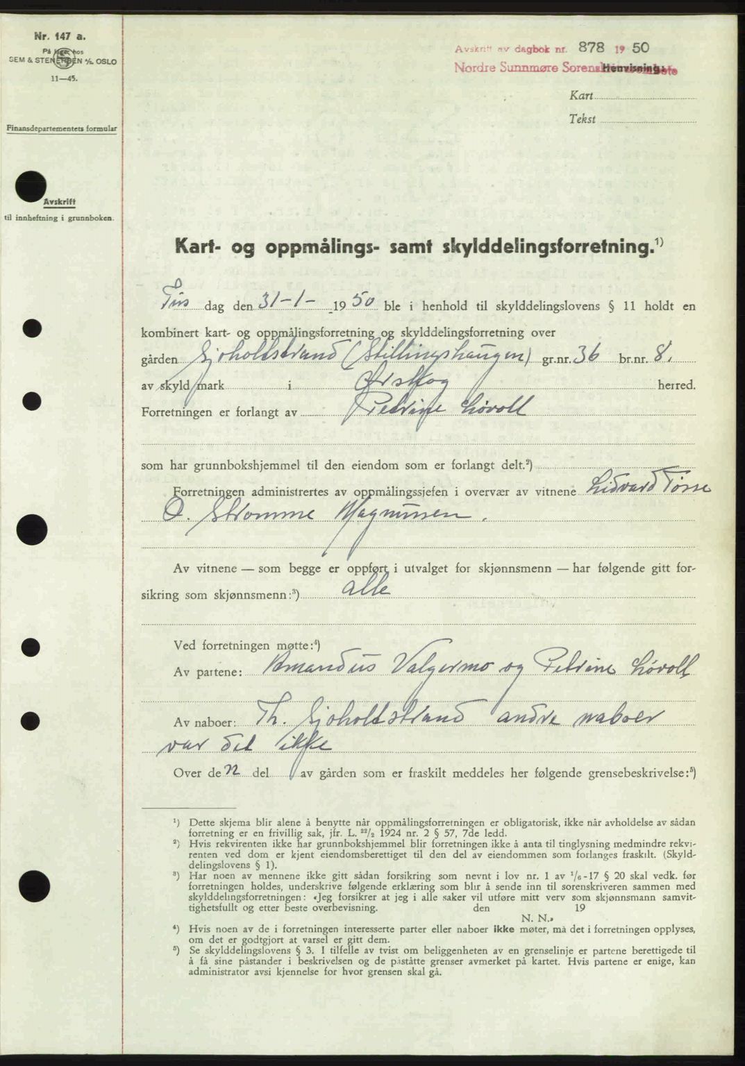 Nordre Sunnmøre sorenskriveri, SAT/A-0006/1/2/2C/2Ca: Pantebok nr. A34, 1950-1950, Dagboknr: 878/1950