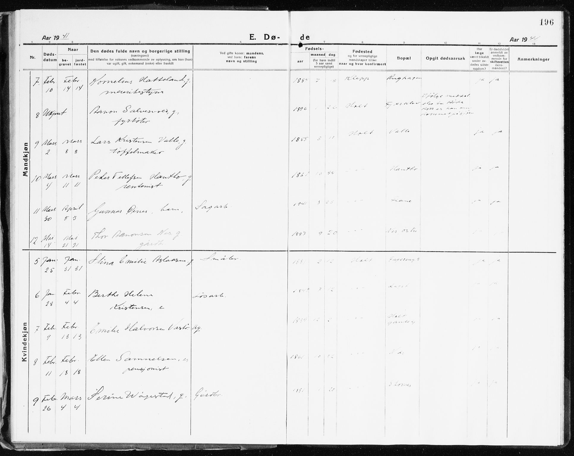 Holt sokneprestkontor, AV/SAK-1111-0021/F/Fb/L0012: Klokkerbok nr. B 12, 1919-1944, s. 196