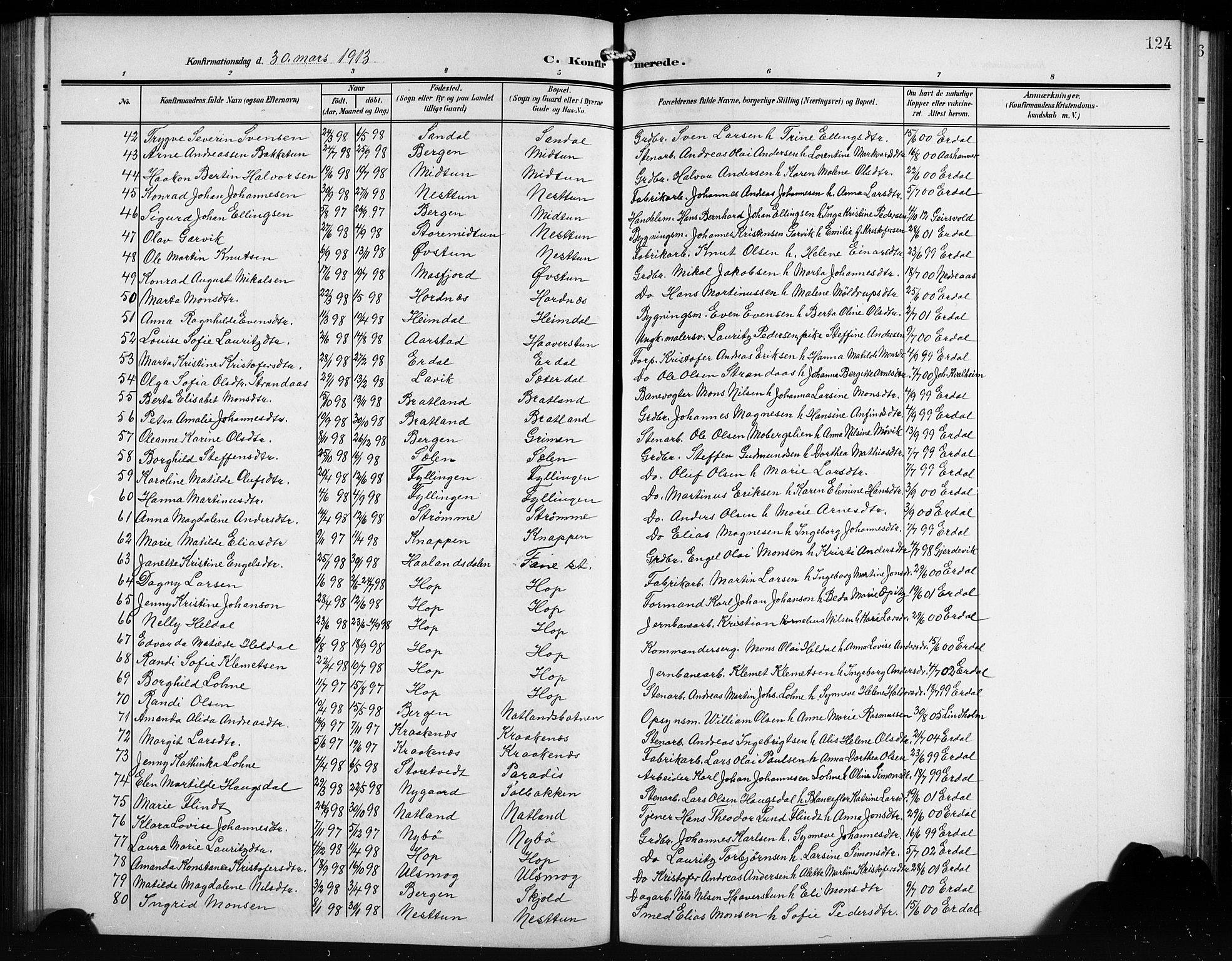 Birkeland Sokneprestembete, AV/SAB-A-74601/H/Hab: Klokkerbok nr. A 6, 1906-1915, s. 124