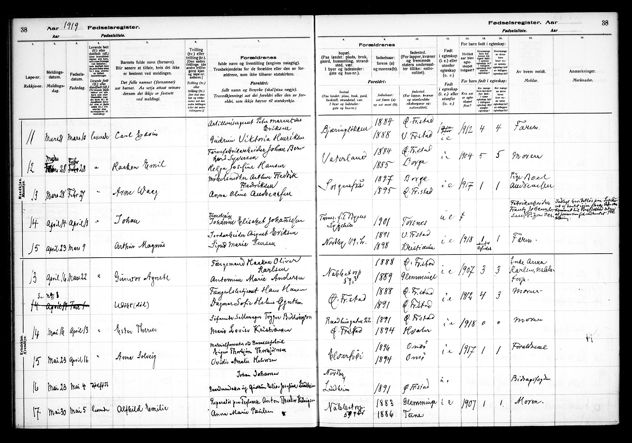 Østre Fredrikstad prestekontor Kirkebøker, AV/SAO-A-10907/J/Ja/L0001: Fødselsregister nr. 1, 1916-1936, s. 38