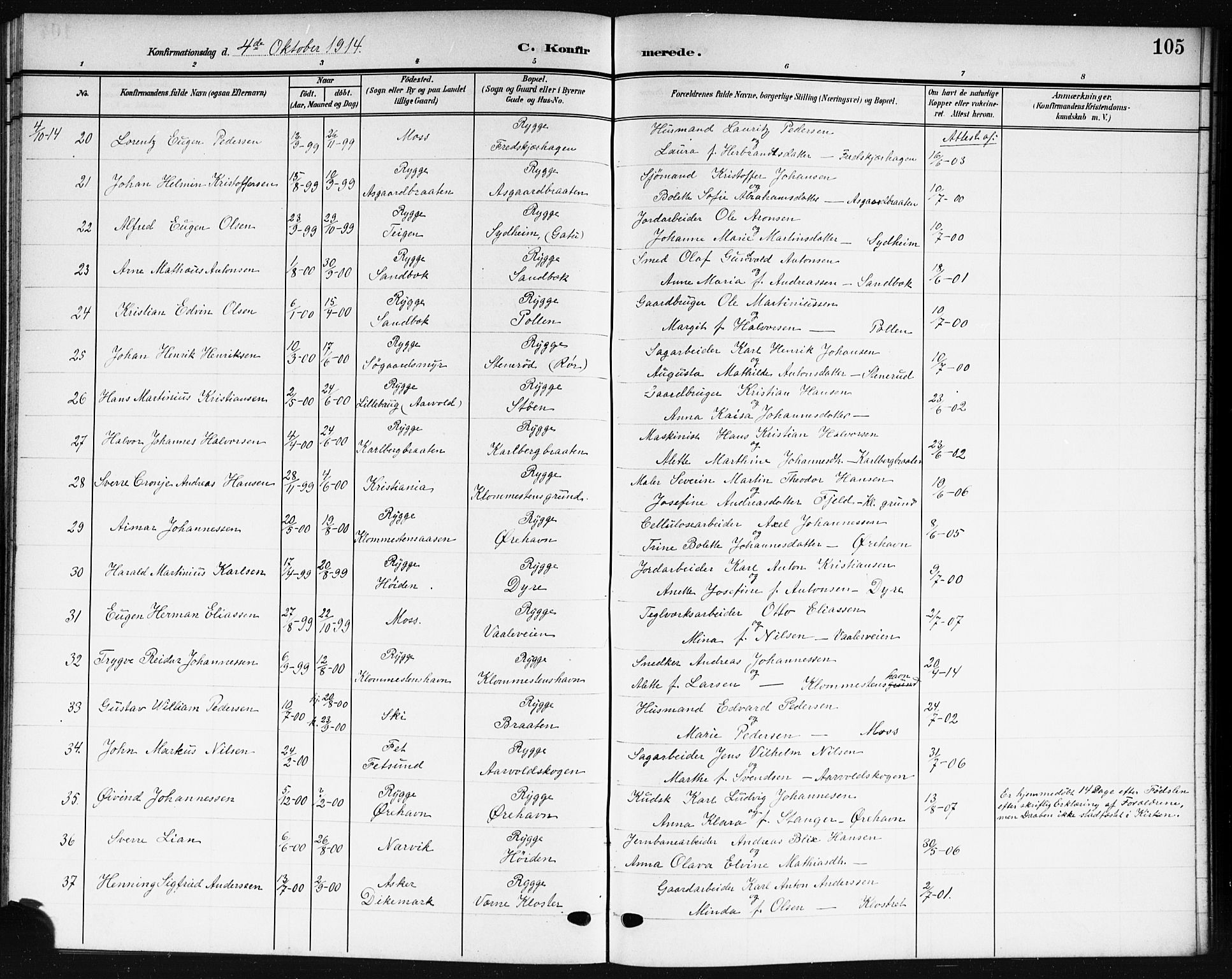 Rygge prestekontor Kirkebøker, AV/SAO-A-10084b/G/Ga/L0003: Klokkerbok nr. 3, 1906-1921, s. 105