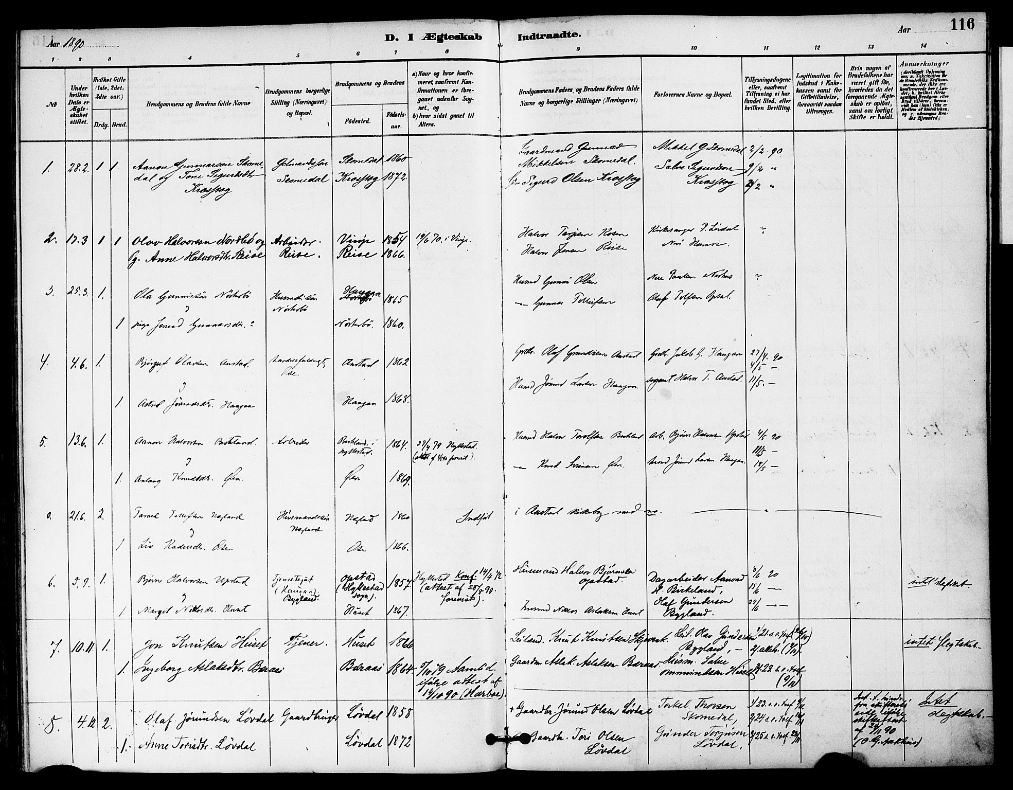 Bygland sokneprestkontor, AV/SAK-1111-0006/F/Fa/Fab/L0007: Ministerialbok nr. A 7, 1885-1909, s. 116