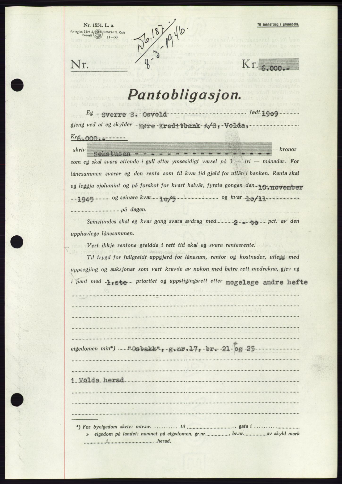 Søre Sunnmøre sorenskriveri, AV/SAT-A-4122/1/2/2C/L0114: Pantebok nr. 1-2B, 1943-1947, Dagboknr: 187/1946