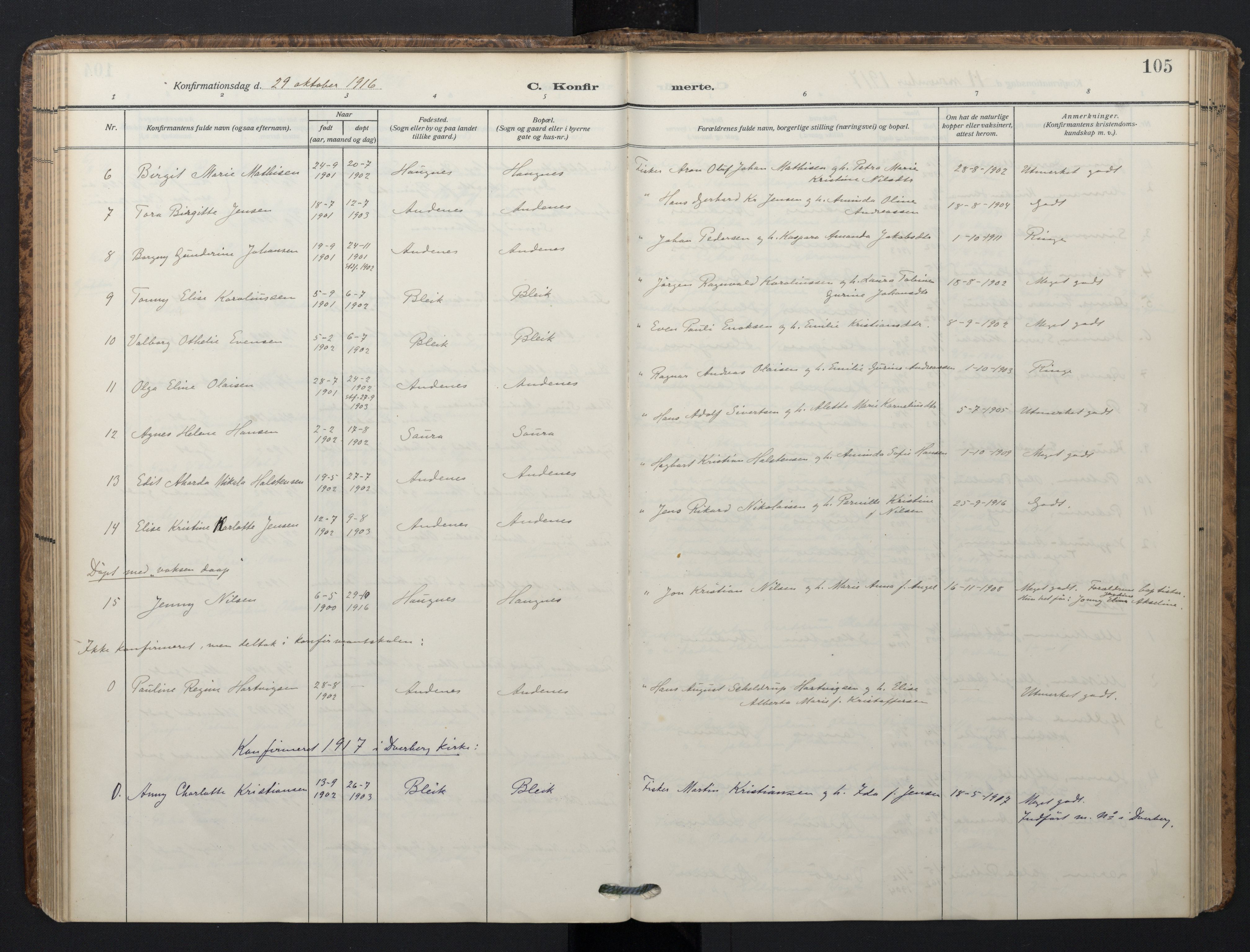 Ministerialprotokoller, klokkerbøker og fødselsregistre - Nordland, AV/SAT-A-1459/899/L1438: Ministerialbok nr. 899A06, 1909-1922, s. 105
