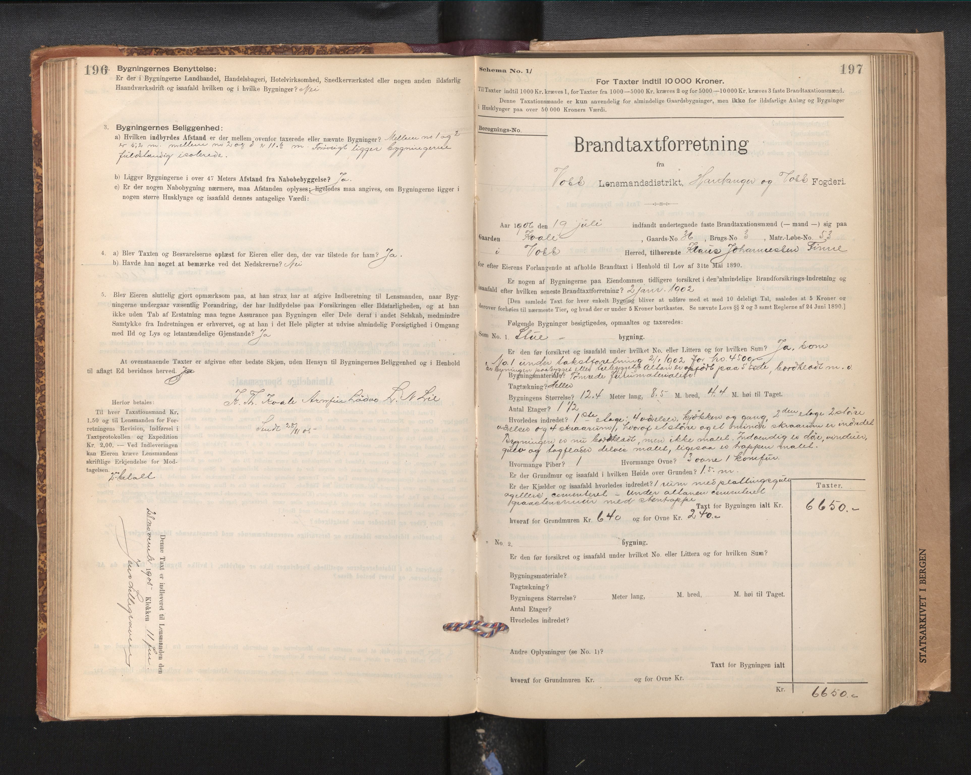 Lensmannen i Voss, SAB/A-35801/0012/L0008: Branntakstprotokoll, skjematakst, 1895-1945, s. 196-197