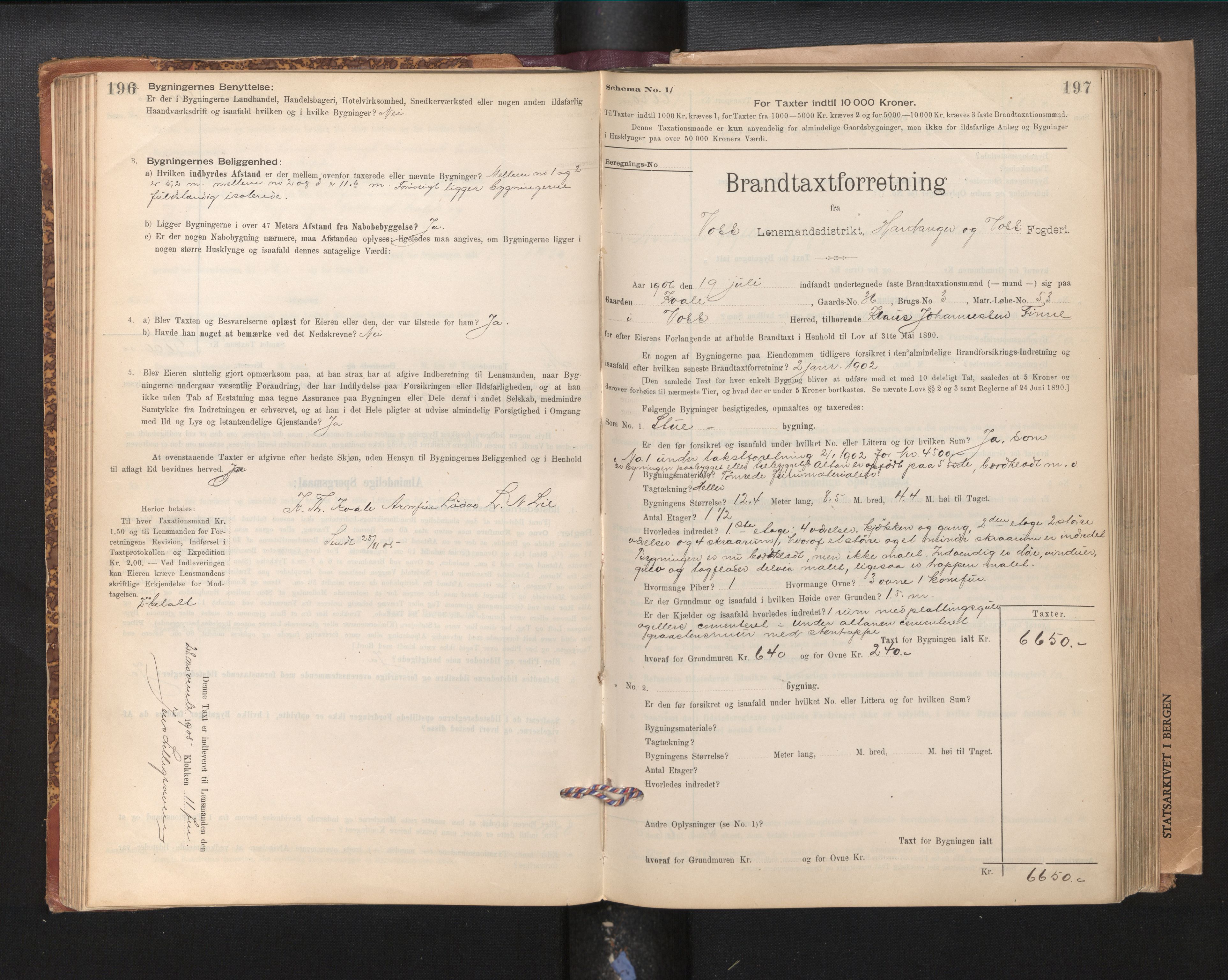 Lensmannen i Voss, AV/SAB-A-35801/0012/L0008: Branntakstprotokoll, skjematakst, 1895-1945, s. 196-197
