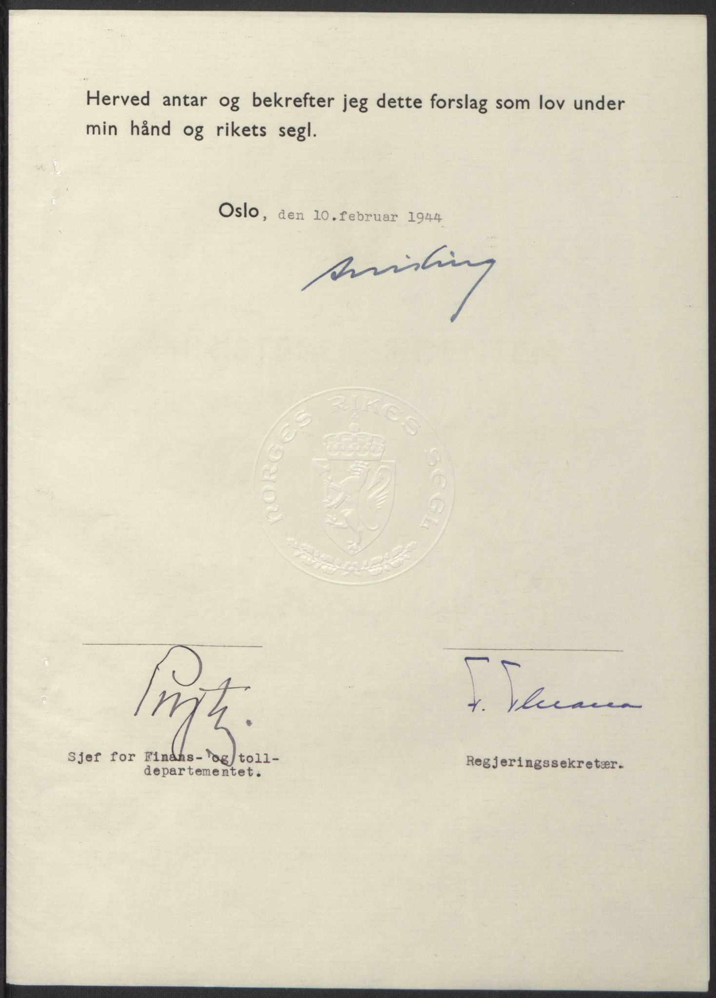 NS-administrasjonen 1940-1945 (Statsrådsekretariatet, de kommisariske statsråder mm), RA/S-4279/D/Db/L0100: Lover, 1944, s. 63
