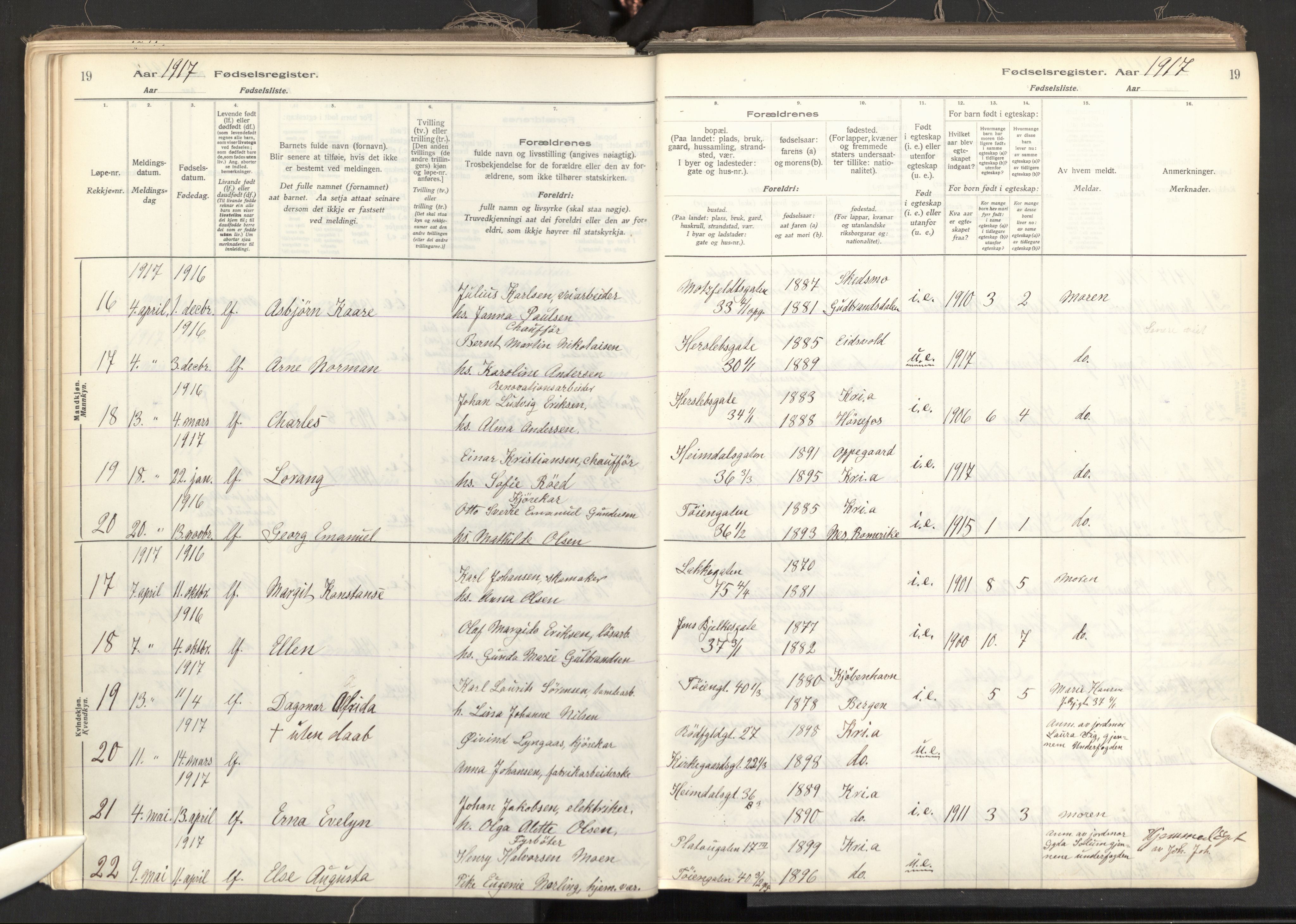 Tøyen prestekontor Kirkebøker, AV/SAO-A-10167a/J/Ja/L0001: Fødselsregister nr. 1, 1916-1944, s. 19