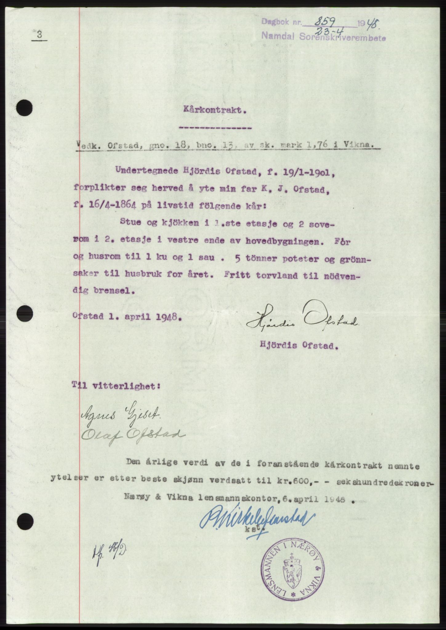 Namdal sorenskriveri, SAT/A-4133/1/2/2C: Pantebok nr. -, 1947-1948, Dagboknr: 859/1948