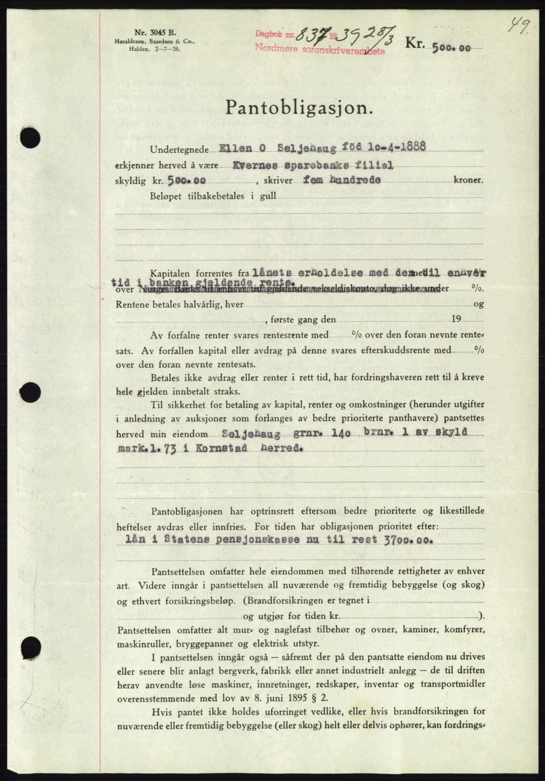 Nordmøre sorenskriveri, SAT/A-4132/1/2/2Ca: Pantebok nr. B85, 1939-1939, Dagboknr: 837/1939