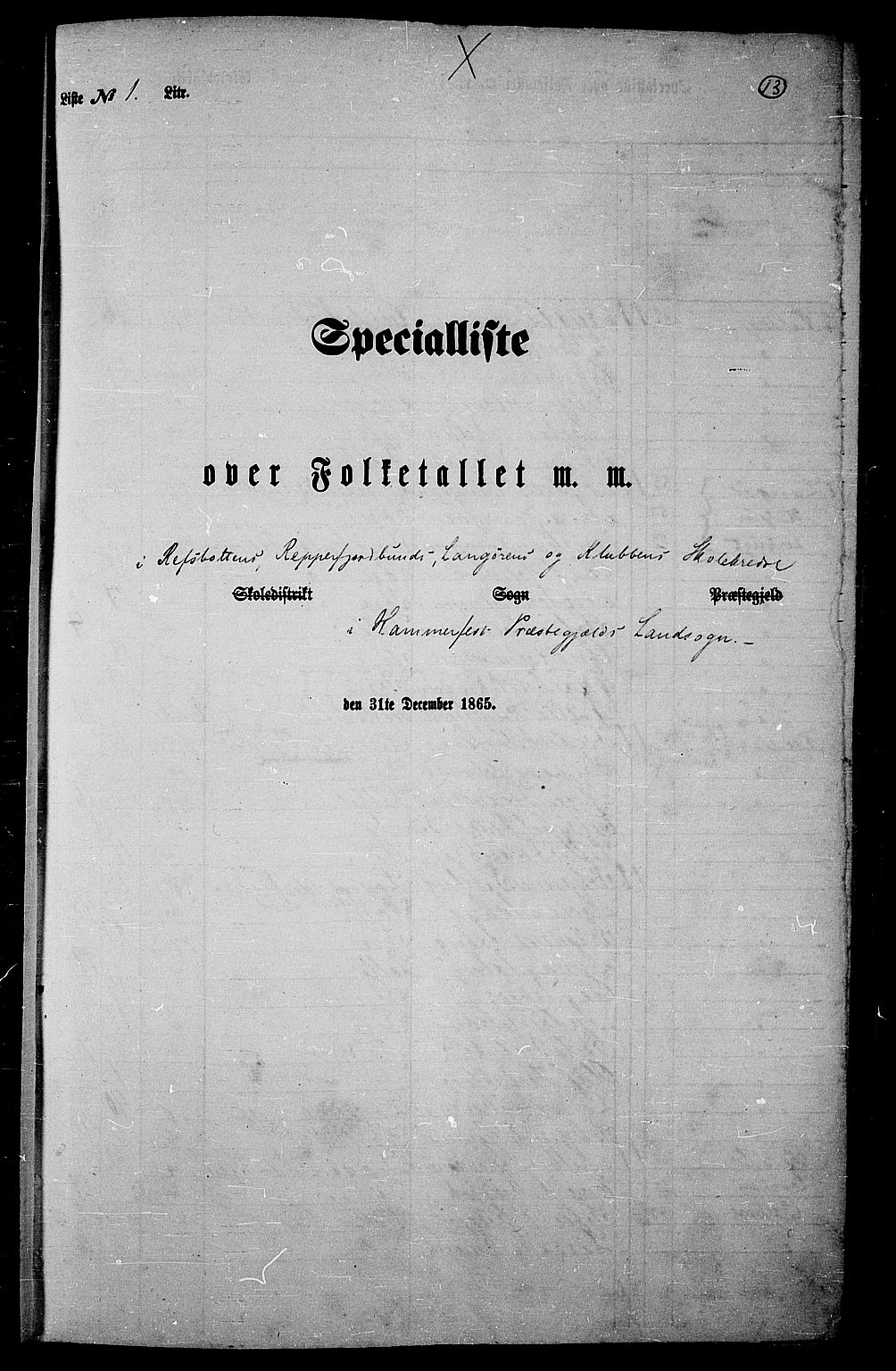 RA, Folketelling 1865 for 2016L Hammerfest prestegjeld, Hammerfest landsokn, 1865, s. 12