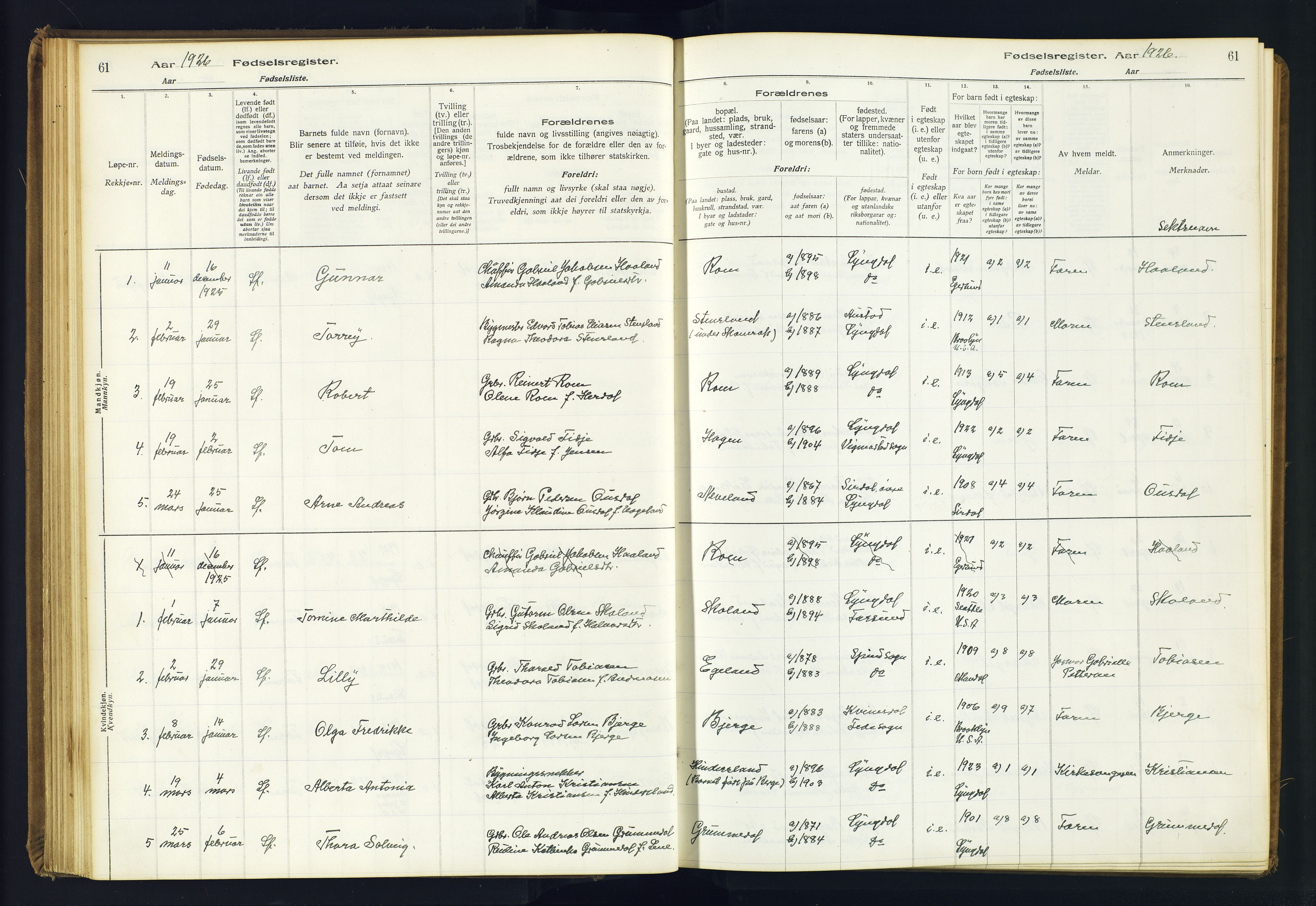 Lyngdal sokneprestkontor, SAK/1111-0029/J/Ja/L0001: Fødselsregister nr. A-VI-26, 1916-1951, s. 61